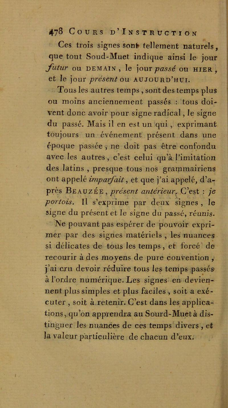 Ces trois signes sonfr tellement naturels, que tout Soud-Muet indique ainsi le jour futur ou demain, le jour passé ou hier, et le jour présent on aujourd’hui. Tous les autres temps , sont des temps plus ou moins anciennement passés : tous doi- vent donc avoir pour signe radical, le signe du passé. Mais il en est un qui , exprimant toujours un événement présent dans une époque passée , ne doit pas être confondu avec les autres, c’est celui qu’à l’imitation des latins , presque tous nos grammairiens ont appelé imparfait, et que j’ai appelé, d’a- près Beauzée, présent antérieur. C’est : je portois. Il s’exprime par deux signes , le signe du présent et le signe du passé, réunis. Ne pouvant pas espérer de pouvoir expri- mer par des signes matériels , les nuances si délicates de tous les temps, et forcé de recourir à des moyens de pure convention , j’ai cru devoir réduire tous les temps passés à l’ordre numérique. Les signes en devien- nent plus simples et plus faciles , soit a exé- cuter , soit à retenir. C’est dans les applica- tions, qu’on apprendra au Sourd-Muet à dis- tinguer les nuances de ces temps divers , et la valeur particulière de chacun d’eux.