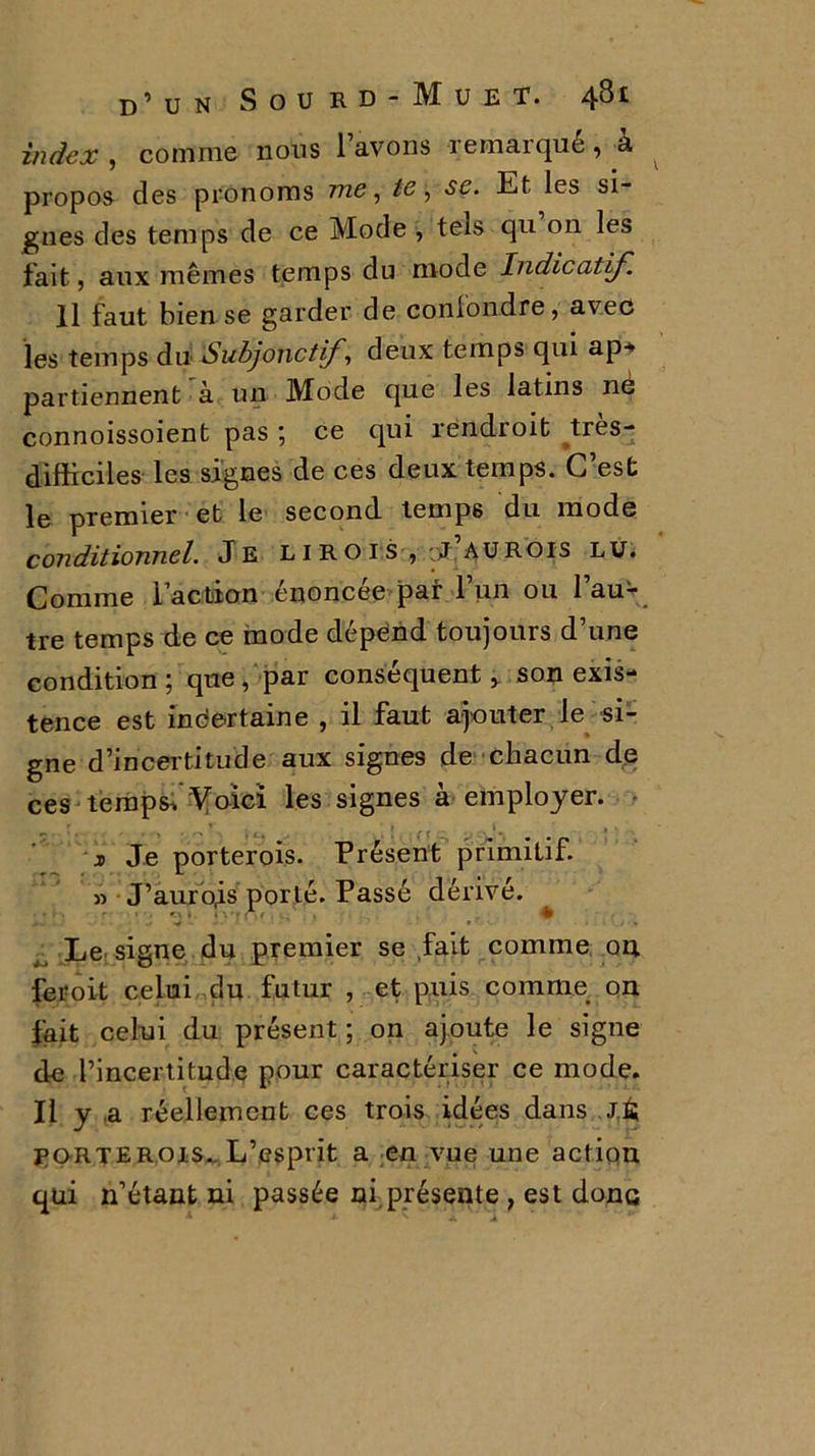 index , comme nous lavons remarqué, à propos des pronoms me, te, se. Et les si- gnes des temps de ce Mode , tels qu on les fait, aux mêmes temps du mode Indicatif. Il faut bien se garder de confondre, avec les temps du Subjonctif, deux temps qui ap- partiennent a un lVfode que les latins ne connoissoient pas ; ce qui rëndroit très- difficiles les signes de ces deux temps. C’est le premier et le second temps du mode conditionnel. Je lirois, J au rois lu. Comme faction énoncée par l’un ou l’au- tre temps de ce mode dépend toujours d’une condition; que, par conséquent, son exis- tence est incertaine , il faut ajouter le si- gne d’incertitude aux signes de chacun de ces temps* ^oici les signes à employer. jo Je porterois. Présent primitif. » J’aurqis porté. Passé dérivé. Le signe du premier se fait comme on feroit celui du futur , et puis comme on fait celui du présent ; on ajoute le signe de l’incertitude pour caractériser ce mode. Il y a réellement ces trois idées dans J.fi rorterois. L’esprit a en vue une action qui n’étant ni passée ni présente , est donc