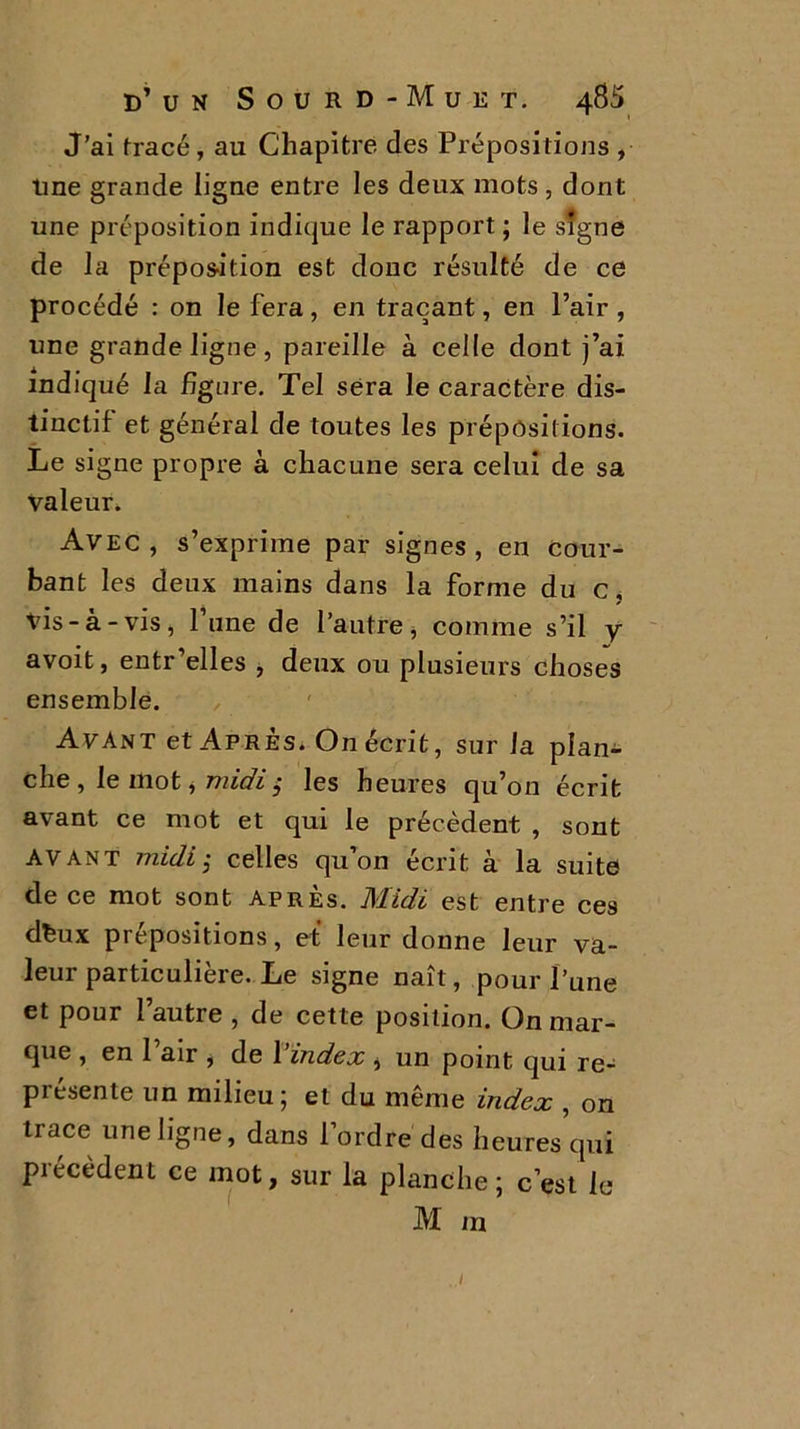 J’ai (racé, au Chapitre des Prépositions ,- line grande ligne entre les deux mots , dont une préposition indique le rapport ; le sîgne de la préposition est donc résulté de ce procédé : on le fera, en traçant, en l’air , une grande ligne , pareille à celle dont j’ai indiqué la figure. Tel sera le caractère dis- tinctif et général de toutes les prépositions. Le signe propre à chacune sera celui de sa valeur. Avec, s’exprime par signes, en cour- bant les deux mains dans la forme du c, vis-à-vis, l’une de l’autre, comme s’il y avoit, entr’elles , deux ou plusieurs choses ensemble. Avant et Après. On écrit, sur la plan- che , le mot, midi,• les heures qu’on écrit avant ce mot et qui le précèdent , sont avant midij celles qu’on écrit à la suite de ce mot sont après. Midi est entre ces dfeux prépositions, et leur donne leur va- leur particulière. Le signe naît, pour l’une et pour l’autre , de cette position. On mar- que , en l’air , de Yindex , un point qui re- présente un milieu; et du même index , on trace une ligne, dans l’ordre des heures’qui précèdent ce mot, sur la planche; c’est le M m