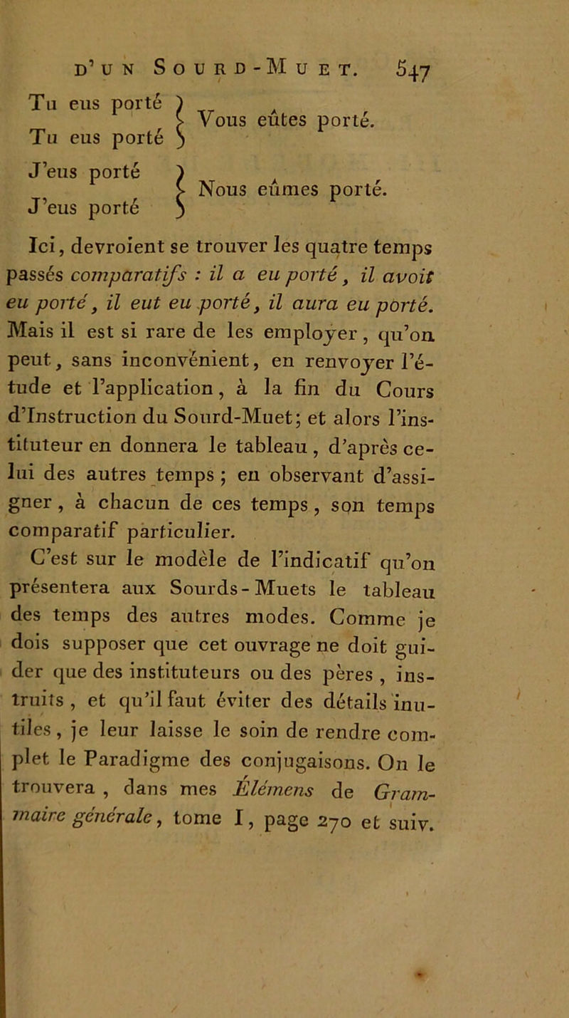 Tu eus porté ) > vous eûtes porté. Tu eus porté ) J’eus porté ) > Nous eûmes porté. J’eus porté 3 Ici, devroient se trouver les quatre temps passés comparatifs : il a eu porté, il avoit eu porté, il eut eu porté, il aura eu porté. Mais il est si rare de les employer, qu’on, peut, sans inconvénient, en renvoyer l’é- tude et l’application, à la fin du Cours d’instruction du Sourd-Muet; et alors l’ins- tituteur en donnera le tableau , d’après ce- lui des autres temps ; en observant d’assi- gner , à chacun de ces temps, son temps comparatif particulier. C’est sur le modèle de l’indicatif qu’on présentera aux Sourds-Muets le tableau des temps des autres modes. Comme je dois supposer que cet ouvrage ne doit gui- der que des instituteurs ou des pères , ins- truits , et qu’il faut éviter des détails inu- tiles , je leur laisse le soin de rendre com- plet le Paradigme des conjugaisons. On le trouvera , clans mes Élémens de Gram- maire générale, tome I, page 270 et suiv.