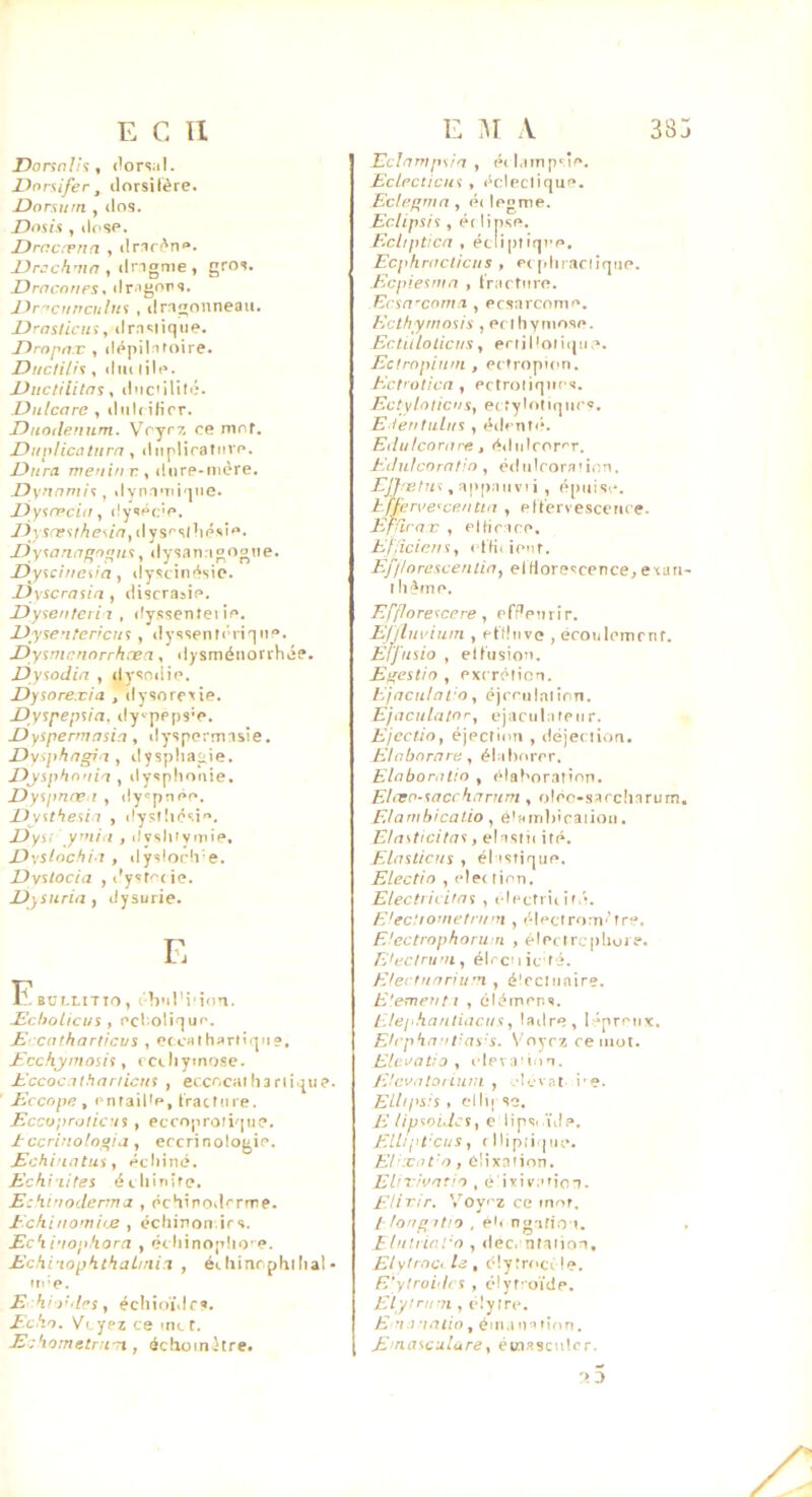 Donnl!'!, (!ors;il. Dnrsifer, ilorsilère. Dorsutn , (Ins. Doua , (1(1 SP. Drncrena , driri'n». , (Ingme , gros. Drncnnes ^ dri'gnrs. Jir'’ctinciilnf , drrjgoiineati. -Drasliciii, dr.Tsiiqiie. T)ropn.r , d(>pilnt(iire. Diidili^, dm lilp. JJiictilitm, (iMc'ililii. Unlcare , diiUifirr. Duodefium. Vrjrz ce mof. DupHcatura , diipliratiivp. Dura Tvenin r., dtirp-ni(?re. Dyrtnmh ^ dvnnmiqiie. Idy%æci(i, dyspc'p. yjy w?\7Ae(/(7, dyspsilmsi'’. Dy^anaqftnitf!^ dysanrigogne. Dy^c'meiia , dyscin-^sie. Dyscraîiri, disrrasîp. JDysenteti i , dyssenlei in. UysentcHcuî , dyssentcriqiiP. Dysmennrrhæa, dysménorrhii?. Uyîodia , dysndîp. Dysorexia , dysorpxip. Dyspepûa, dy'ppps’p. JJysperrnasia, dyspermnsie. Z)yiphcigii , dysphagie. J^ysphn'tia , dysphonie. JJyspnœ i , dy'pnep. DyUheüa , dysf!i(5si'’. Dyu ' ymiti , ilyshivotip. D\'slochi-j , dyslorh'e. Dvslocia ,('ysr''<ie. Idysuria , dysurie. E Ebüllitio, ('hMl'i'inn. £cholicus , pcholiqup. £• cntharlicus , eccathartiqn?. £cc.\ymosh , t cihymose. £ccoc.Ttharncui , e(Cocaih3rii.jiip. £ccope, (>nfaihp, fracture. £ccoj)rolic’iî , ecco]iraii'iiip. J-ccrinolngia, eccrinologie. £chiiiatui, éthin(î. Echiiitei éihinife. Ecki’iodenna , (Schinoderrre. Echinomiæ , échinon.irs. Ech i'iophora , éc hinopho'p. Echi-iophthalinii , éi hinr phi liai • ni’p. E kii’dcs, écliioidcs. Echo. V( yez ce me. t. Echometru n, àchoinitre. Eclantpsio , (h l.iinpsie. Eclccticiit , (H:lectiqiip. Ectegmn , (h Ipgrre. Eclipsi%, é( lipsp. Echptica , étiipliqt’P. Ecphrncticus , e< phracliqiiP. Ecpie^oia , frartiire. Eaa'coma , ecsarenme. Ecthyrnoîis , Pf ihyniose. Ect II lotie ns, prlinotiqiip. Edropium , pcfropicm. Ect'otica , Pctroliqiics. Ectvloticns, P( tylotiqm’«. E tentulns , (^dcnti. Eilnicorare, (fdidcorrr. Ednlcorntio , ('dntroralinn. EJ}netn<! , .\ppn\\v\ \ , (*pnisp. hff(;n’e':cp.iitin , pifervescerice. Effirnx , elhrarp. Et'dciens, ( ftiiionr. Elffloresceniin, el Horescpnce, esan- I h^inp. Efflorescere y rfPpnrir. Eljlmdum , eflliive , éronlpitirnr. Elj'itsio , elfiision. Eipestio , pxcrt'licn. Ejnculaio, (?j('riilalioTi. Ejaculator, pjariihitpiir. Ejectio, éjection , déjection. Elnbororc, élahorer, Eloborotio , plahoralinn. Ehxo-^accknrnm , oléo-sarcharum. Elambicatio , éfairdiicaiioii. Eliviticitas, ehisiii itp. Elaslicus , élastique. Electio , (de( tien. Electiil iios , (•lecfri( it.>. E'ecUometni'n , ('|pctro:n ’tre. FJectrophoru n , éipctrcphoie. Elpclru’ii, élrcnic té. E/ertuoriw'i , é'ccliinire. E’ementt , éléinens. E/ephanliiicns, ladre, l-*pretix. EIrphontias’s. Voyez ce mot. Elevntio , clpva'im. Eicontoiiuin , .dovat i'e. Eilipsis , flh| se. E tipioidcs, e lipsi üde. EdUpt'Cus, ( llipfi'i IIP. El'Xiit'o, Clixaiion. EUxivotio , é ixiratioT. Elixir. Voyez ce mot. l-tongitio , él< ng-itio t. Etnhial-n , dec. ntaiion, Ehtroci , plytroccle. E'y/roides , élyfoïdp. Elyirn n , élyirp. E ’lJ’iOlio , ém.i un lion. E’n.ascdlure^ éinascutrr. *5