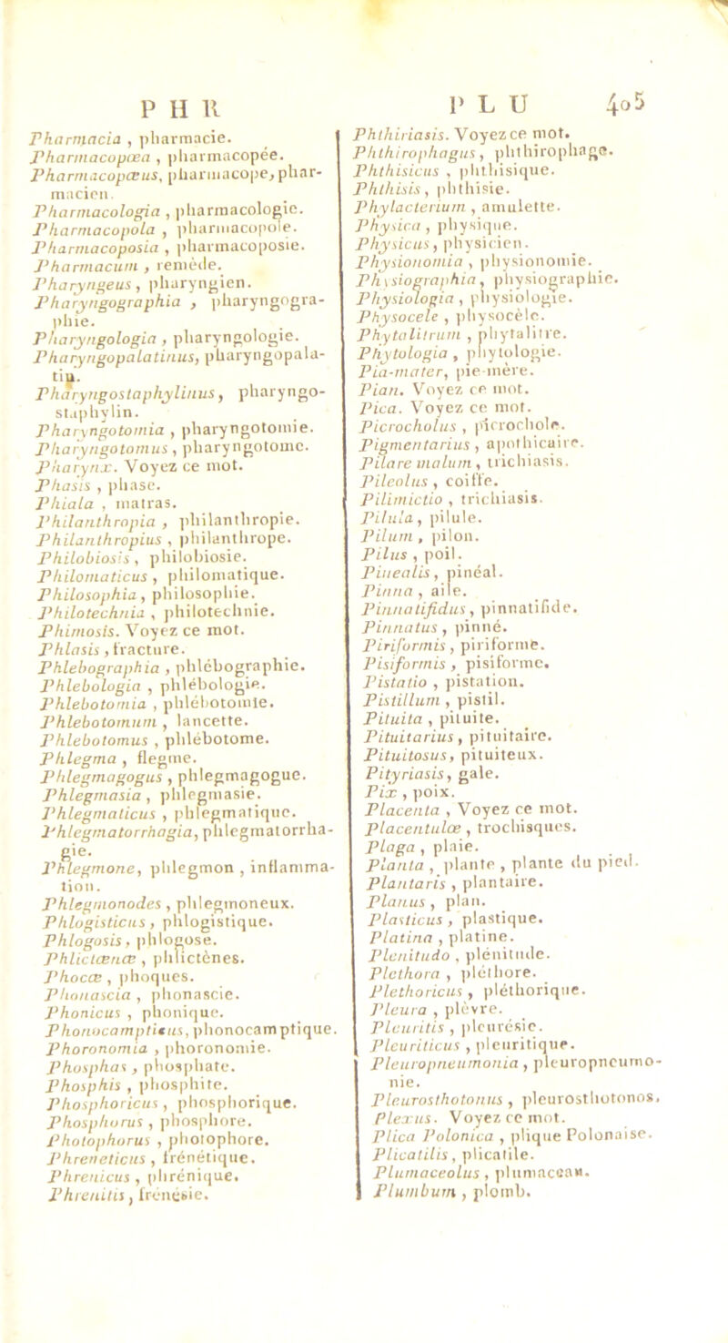 Pharmacia , pharmacie. Pharmacopœa , pharmacopée. Pharniacopceus, pharmacopée phar- macien. P/iarniacologia , pharmacologie. Pharniacopola , ])lianiiacopole. Pharmacoposia , pliarmacoposie. Phartnacum , remèile. Pharytigeus, pharyngien. Pharyngographia , pharyngogra- phie. Pharyngologia , pharyngologie. Pliary/igopalatinus, pharyngopala- tijf. Pharyngostaphylinus, pharyngo- st.iphylin. Pharyngotomia , pharyngotomie. Pliaryrigotomus , pharyngotomc. pharynx. Voyez ce mot. P/iasis , i)hase. Phiala , matras. Philatilhropia , |ihilanthropie. Philanthropius , pliilanthrope. Philobiosis , philohiosie. Philomaticus , philomatique. Philosophia, philosophie. J’hilotechnia , j)hilotechnie. Phimosis. Voyez ce mot. /’/tZnsii, Iractiire. Phlehographia , phlébographie. Phlebologia , phlébologie. Phlebotornia , phlébotomie. Phlebotorn/iin , lancette. Phleboiomus , phlébotome. Phlegma , flegme. Phlegrnagogus , phlegmagogue. Phlegrnasia, ])hlegmasie. Phlegntalicus , phlegmatiqiie. Phlegmatorrhagia, plilegmatorrha- gie. Phlegmone, phlegmon , inflamma- tion. Phlegmonodes , phlegmoneux. Phlogisticus, phlogistique. Phlogosis, phlogose. Phlictceuœ , phlictènes. Phocæ , phoques. Phoiiascia , phonascie. Phonicus , phonique. Phonocampli€us, phonocamptique. Phoronomia , phoronomie. phospha^, phosphate. Phosphis , pho.sphite. Phosphoricus, phosphorique. Phosphorus , |)hos|ihore. Photophorus , jjlioiophore. Phreneticus , frénétique. Phrenicus , phréni(|ue. PhrenitiS) frénésie. Phthiriasis. Voyez ce mot. Phthirophagus, ])hthirophagc. Phthisicus , phthisique. Phthisis, phlhi.sie. Phylaclerium , amulette. Physica , ])hy.siqiie. Physicus, physicien. Physionornia , |)hysionomie. Ph \ siographia, physiographie. Physiologia , pliysiologie. Physocele , i)hysocèle. Phytalilrum , phytaliire. Pflytülogia , pliylülogie. Pia-rnater, pie mère. Pian. Voyez ce mot. Pica. Voyez ce mot. Picrocholus , pirrochole. Pigmentarins , apolhicuire. PUare inalum, tiichiasis. PileoliLS , coiffe. Pilimictio , trichiasis. Pilula, pilule. Pilurn, pilon. Pilus , poil. Piuealis, pinéal. Pinna , aile. Pi/inalifidus, ])innalifide. Pinnatus , i)inné. Piri/ormis, piriforme. Pisiforrnis , pisiforme. Pistatio , pistation. Pistillum , pistil. , pituite. Pituitarius, pituitaire. Pituilosus, pituiteux. Pityriasis, gale. Pix , |)oix. Placenta , Voyez ce mot. Placentulœ , trochisques. Plaga , plaie. , planta , ])lante , plante tlu picii. Plantaris , plantaire. planas, plan. Plauicus, plastique. Platina , platine. Plcnitudo , plénitmle. Plcthora , ])lélhore. Plethoricas , pléthorique. J’ieura , plèvre. Plauritis , pleurésie. Plcuriticus , plenritique. Pleuropneumonia , pleuropncumo nie. Pleuroslhotonus , ])lcurosthotonos Plexus. Voyez ce mot. Plica l’olonica , jilique Polonaise. Plicatilis, plicalile. Pluniaceolus, plumaceaw. Plumbum , plomb.