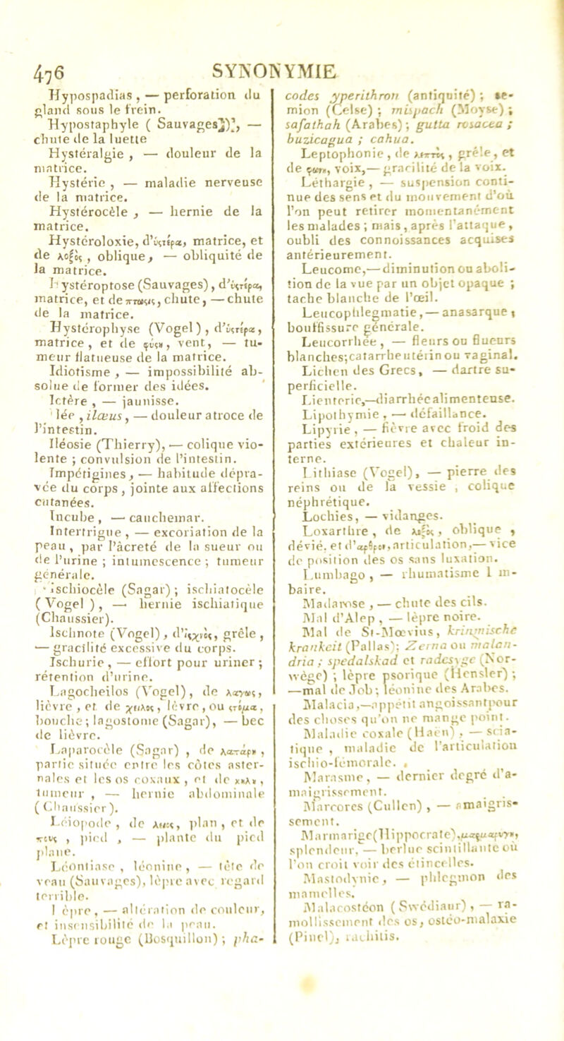 Hypospadias , — perforation ilu j^laïul sons le frein. Hypostaphyle ( Sauvages})’, — chute de la luette Hystéralgie , —' douleur de la matrice. Hystérie , — maladie nerveuse de la matrice. Hystérocèle , — hernie de la matrice. Hystéroloxie, d’înu'pa, matrice, et de , oblique, — obliquité de la matrice. h ystéroptose (Sauvages), d'ûçTfpo, matrice, et dcTrwn, chute, —chute de la matrice. Hystérophyse (Vogel ) , d’i;répa, matrice, et de <pri», vent, — tu- meur flatiieuse de la matrice. Idiotisme , — impossibilité ab- solue de lormer des idées. Ictère , — jaunisse. lée , ilæus, — douleur atroce de l’intestin. Iléosie (Thierry),.— colique vio- lente ; convulsion de l’intestin. Impétigines, — habitude «lépra- vce du corps, jointe aux alf'eclions cutanées. Incube , — cauchemar. Intertrigue , — excoriation de la peau, par l’àcreté fie la sueur nu de l’urine ; intumescence; tumeur générale. 1 -ischiocèle (Sagar) ; ischialocèle ( Vogel ), —■ hernie ischiatique (Chaussier). Ischnote (Vogel), d’i\;^,J{, grêle , •— gracilité excessive du corps. Ischurie , — eflort pour uriner ; rétention d’urine. Lagocheilos (^’’ogel), de xav»?, lièvre , et fie lèvre, ou çrljua, bouche; lagostonie (Sagar), — bec fie lièvre. Lnparot'èle (S.igar) , de xnTap» , partie située entre les côtes astcr- nales et les os coxaux , et de x»a> , luineiir , — hernie abdominale ( (iliaiissier ). l éiopode , de ah:«, plan , et fie ireuf , ])ied , — plante flu j)icd jilane. Léoniiase , léonine, — tète de veau (Sauvages), lè|>rc avec regard terrible. I è]ire , — altération de couleur, et insensibilité d<' l.t peau. Lèj'ic rouge (Uosquillon) ; pha- codes ^erithron (antiquité) ; »e- mion (C,else) ; mispach (Moyse) ; safathah (Arabes); gutta rosacea ; buzicagua ; cahua. Leptophonie , fie , grêle, et de ç«T., voix,— gracilité de la voix. Léthargie , — suspension conti- nue des sens et flu moiivemeni d’où, l’on peut retirer momentanément les malades ; mais, après l’attaque , oubli des connoissances acquises antérieurement. Leucome,— diminution ou aboli- tion de la vue par un objet opaque ; tache blanche de l’oeil. Leucoplilegmatie,— anasarque i bouffissure générale. Leucorrhée, — fleurs ou fluenrs blanches;catarrheutéiinou vaginal. Lichen des Grecs, —dartre su- perficielle. Lienteric.—fliarrhéc ali menteuse. Lipothymie , — fléfaillance. Lipyrie , — fièvre avec froid des parties extérieures et chaleur in- terne. Lithiase (Vogel), —pierre des reins ou de la vessie , colique néphrétique. Lochies,—vidanges. Loxarthre , de , oblique , dévié, et d’op^pci,articulation, vice de position tles os sans luxation. I.nmhago , — rhumatisme 1 m- baire. lUatlarose , — chute des cils. Mal d’Alep , — lèpre noire. I\lal fie Si-Mœvius, krinpiischc krankeit (Palias); Zona ou malan- dria ; spedalskad et ruficjvgc (Nor- vvége) ; lèpre psorique (ticnsler) ; •—mal fie Job; léonine des Arabes. ÎMalacia,—appétit angoissant pour des choses qu’on no mange point. Malatlie coxale (Hacn) , — scia- tique , maladie de rarliculaiion ischio-femorale. . Marasme, — dernier degré d’a- mai glissement. Marcorcs (Ciillcn) , — smaigris- sement. Ma rmarigc(Hi|)pocrate),,ua^uafvy»i .splrndeiir, — berlue sciniilhinie où l’on croit voir des éiinccUes. Ma.siodynic, — phlegmon des mamelles. ôlalacostéon ( S\védi.iur) , — rti- inoUissement <!cs os, ostéo-nialaxie (Pincl)j lachiiis.