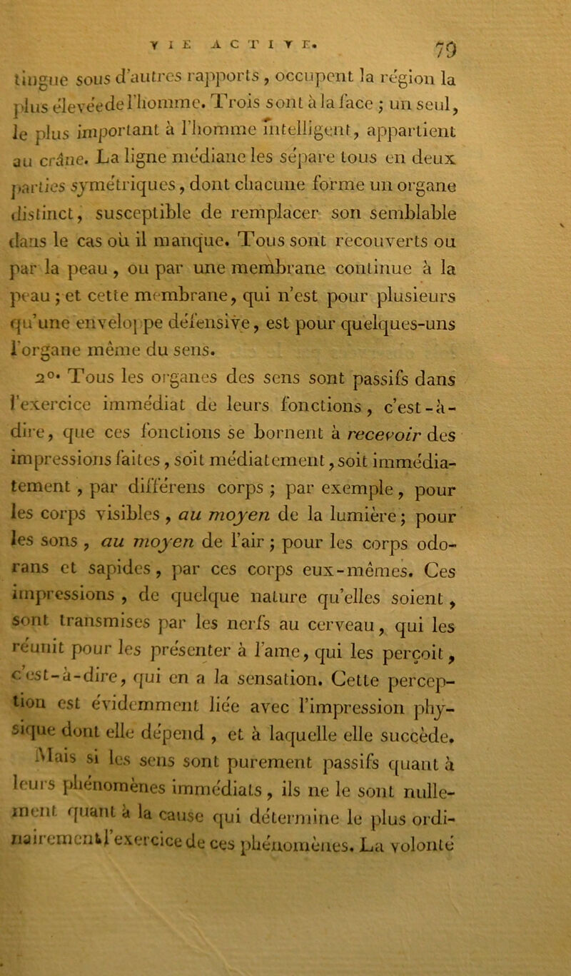 7D liligne sous d’autres rapports , occupent la région la pins eleveederiiommc. Trois sont à la lace ; un seul, le plus important à l’homme mtelligenr, appartient au crdue. La ligne médiane les se'pare tous en eieux. j)ariies symétriques, dont chacune forme un organe distinct, susceptible de remplacer son semblable dans le cas oli il manque. Tous sont recouverts ou par la peau , ou par une membrane continue à la peau; et cette membrane, qui n’est pour plusieurs qu’une enveloppe défensive, est pour quelques-uns l’organe meme du sens. 2O* Tous les organes des sens sont passifs dans l’exercice immédiat de leurs fonctions, c’est-à- dire, que ces fonctions se bornent à recevoir impressions faites, soit médiatement, soit immédia- tement , par différons corps ; par exemple, pour les corps visibles , au moyen de la lumière ; pour les sons , au moyen de l’air ; pour les corps odo- rans et sapides, par ces corps eux-mêmek Ces impressions , de quelque nature qu’elles soient, sont transmises par les nerfs au cerveau, qui les réunit pour les présenter à J’ame, qui les perçoit, cest-à-dire, qui en a la sensation. Cette percep- tion est évidemment liée avec l’impression phy- sique dont elle dépend , et à laquelle elle succède. Mais si les sens sont purement passifs quant à leurs phénomènes immédiats, ils ne le sont nulle- ineiit quant à la cause qui détermine le plus ordi- iiaiiemcnti exercice de ces phénomènes. La volonté