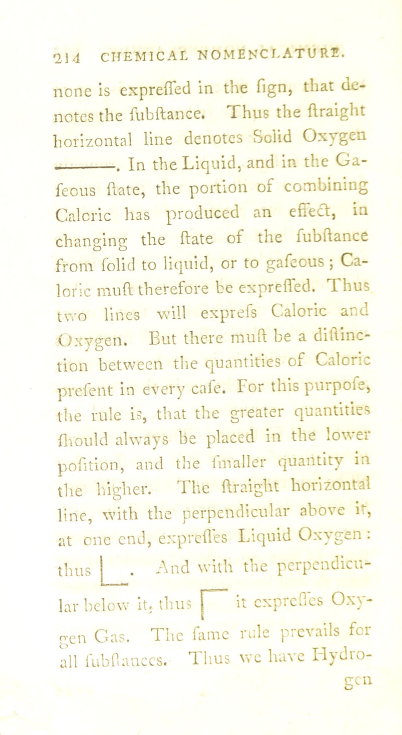none is expreffed in the fign, that de- notes the fubftance. Thus the Lraight horizontal line denotes Solid Oxygen . In the Liquid, and in the Ga- feous Late, the portion of combining Caloric has produced an effect, in changing the Late of the fubLance from folid to liquid, or to gafecus ; Ca- loric muff therefore be expreffed. Thus two lines will exprefs Caloric and Oxygen. But there muL be a diftinc- tion between the quantities of Caloric prefent in every cafe. For this purpofe, the rule is, that the greater quantities fhould always be placed in the lower poLtion, and the imailer quantity in the higher. The Lraight horizontal line, with the perpendicular above it, at one end, expreLes Liquid Oxygen : thus L- And with the perpendicu- lar below it. thus j it expreffes Oxy- gen Gas. The fame rule prevails for all fubfauces. Thus we have Hydro- gen
