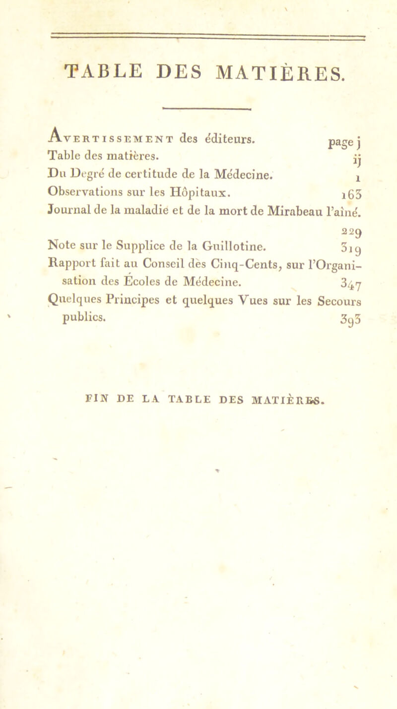 TABLE DES MATIÈRES. Avertissement des éditeurs. P^Sei Table des matières. jj Du Degré de certitude de la Médecine. i Observations sur les Hôpitaux. i63 Journal de la maladie et de la mort de Mirabeau l’aiiié. 229 Note sur le Supplice de la Guillotine. 3ig Rapport fait au Conseil dès Cinq-Cents, sur l’Organi- sation des Ecoles de Médecine. Quelques Principes et quelques Vues sur les Secours publics. 3y3 FIN DE LA TABLE DES MATIÈRES.