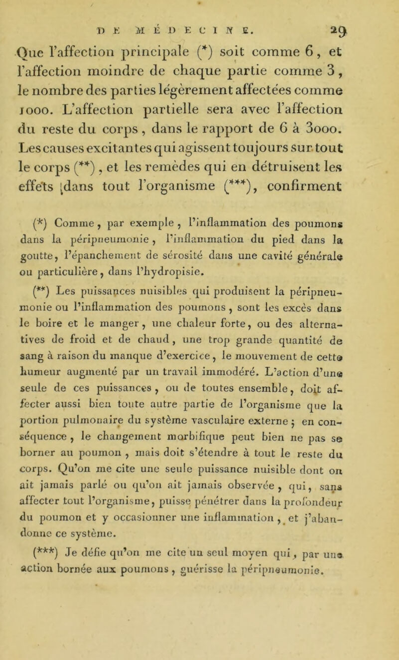 One 1’affection principale (*) soit comme 6, et l’affection moindre de chaque partie comme 3, le nombre des parties légèrement affectées comme jooo. L’affection partielle sera avec l’affection du reste du corps, dans le rapport de 6 à 3ooo. Les causes excitantes qui agissent toujours sur. tout le corps (*’^), et les remèdes qui en détruisent les efféts ^dans tout l’organisme confirment {*) Comme, par exemple , l’inflammation des poumons dans la péripneumonie , l’inflammation du pied dans la goutte, l’épanchement de sérosité dans une cavité général® ou particulière, dans l’hydropisie. (**) Les puissapces nuisibles qui produisent la péripneu- monie ou l’inflammation des poumons, sont les excès dan» le boire et le manger, une chaleur forte, ou des alterna- tives de froid et de chaud, une trop grande quantité de sang à raison du manque d’exercice, le mouvement de cett» humeur augmenté par un travail immodéré. L’action d’une seule de ces puissances, ou de toutes ensemble, doit af- fecter aussi bien toute autre partie de l’organisme que la portion pulmonaire du système vasculaire externe j en con- séquence , le changement morbifique peut bien ne pas se borner au poumon , mais doit s’étendre à tout le reste du corps. Qu’on me cite une seule puissance nuisible dont on ait jamais parlé ou qu’on ait jamais observée, qui, sans affecter tout l’organisme, puisse pénétrer dans la prolbndeur du poumon et y occasionner une inflammation , et j’aban- donne ce système. (***) Je défie qu’on me cite un seul moyen qui , par uns action bornée aux poumons, guérisse la péripneumonie.