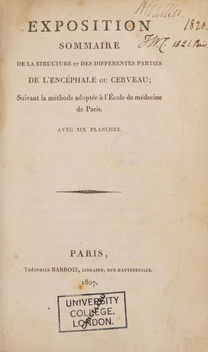 EXPOSITION /2 SOMMAIRE CPIT 21 DE L'ENCÉPHALE ou CERVEAU; Suivant la méthode adoptée à l'Ecole de médecine de Paris. k PARIS, Ta£opniLe BARROIS, LIBRAIRE, RUE HAUTEFEUILLE.