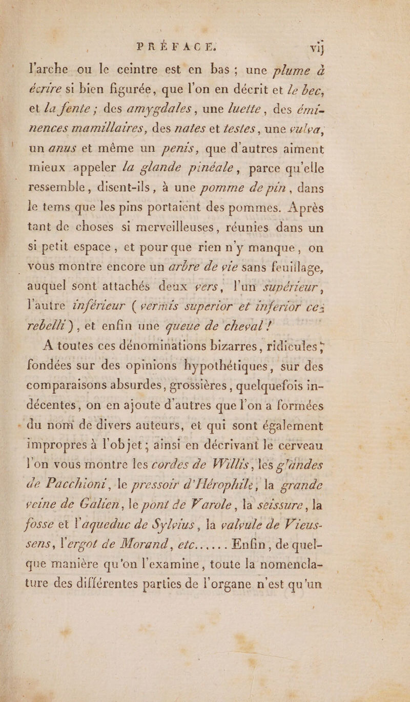 l'arche ou le ceintre est en bas ; une plyme à écrire si bien figurée, que l'on en décrit et Ze bec, et Za fente ; des amygdales , une luette, des émr- nences marnillatres, des nales et testes, une sulva, un anus et même un penis, que d'autres aiment mieux appeler /4 glande pinéale, parce qu’elle ressemble, disent-ils, à une pornme de pin, dans le tems que les pins portaient des pommes. Après tant de choses si merveilleuses, réunies dans un si petit espace, et pour que rien n'y manque, on auquel sont attachés deux sers, l'un supérieur, l'autre inférieur ( vermis superior et inferior ce: rebellr ), et enfin une queue de cheval ! À toutes ces dénominations bizarres, ridicules ; fondées sur des opinions hypothétiques, sur des comparaisons absurdes, grossières , quelquefois in- décentes, on en ajoute d'autres que l’on a formées impropres à l'objet; ainsi en décrivant le cerveau l'on vous montre les cordes de Willis , les g'ändes de Pacchiont, le pressoër d'Hérophile, la grande seine de Galien, le pont de Varole, la seissure , la fosse et l'aqueduc de Syleius , la palyule de Vieus- sens, l'ergot de Morand, etc... Enfin, de quel- que manière qu'on l'examine, toute la nomencla- ture des différentes parties de l'organe n'est qu'un