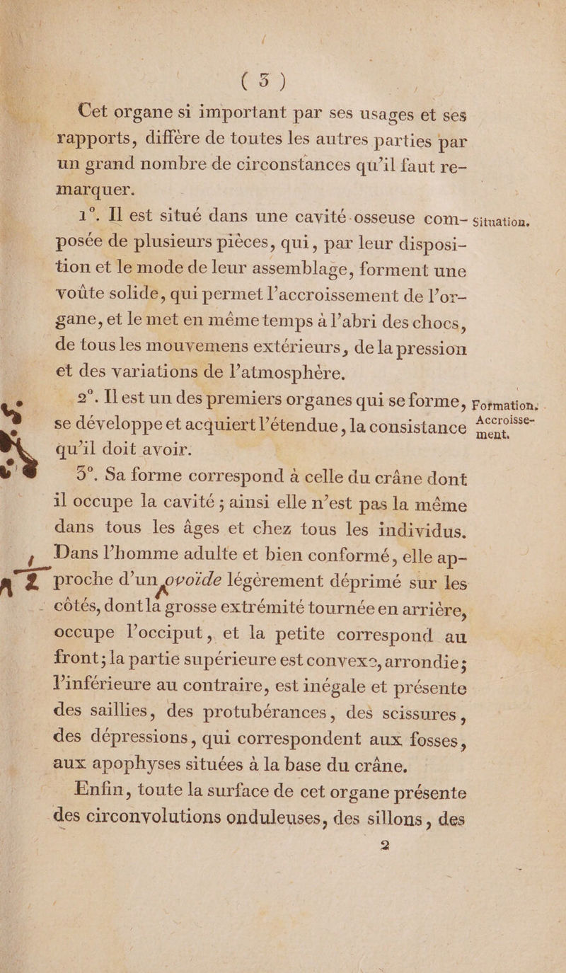 Éd) : | Cet organe si important par ses usages et ses À ‘APR un grand nombre de circonstances qu’il faut re- marquer. 1°. Il est situé dans une cavité-osseuse com- posée de plusieurs pièces, qui, par leur disposi- tion et le mode de leur assemblage, forment une voüte solide, qui permet l'accroissement de l’or- gane, et le met en même temps à l’abri des chocs, de tous les mouvemens extérieurs, de la pression et des variations de l’atmosphére. 2°. Îlest un des premiers organes qui se forme, se développe et acquiert l'étendue, la consistance qu’il doit avoir. | 9°. Sa forme correspond à celle du crâne dont il occupe la cavité ; ainsi elle n’est pas la même dans tous les âges et chez tous les individus. Dans l’homme adulte et bien conformé, elle ap- occupe locciput, et la petite correspond au front; la partie supérieure est convex?, arrondie; linférieure au contraire, est inégale et présente des saillies, des protubérances, des scissures , des dépressions, qui correspondent aux fosses, Enfin, toute la surface de cet organe présente des circonvolutions onduleuses, des sillons, des De Situation. Fofmation, . Accroisse- ment,