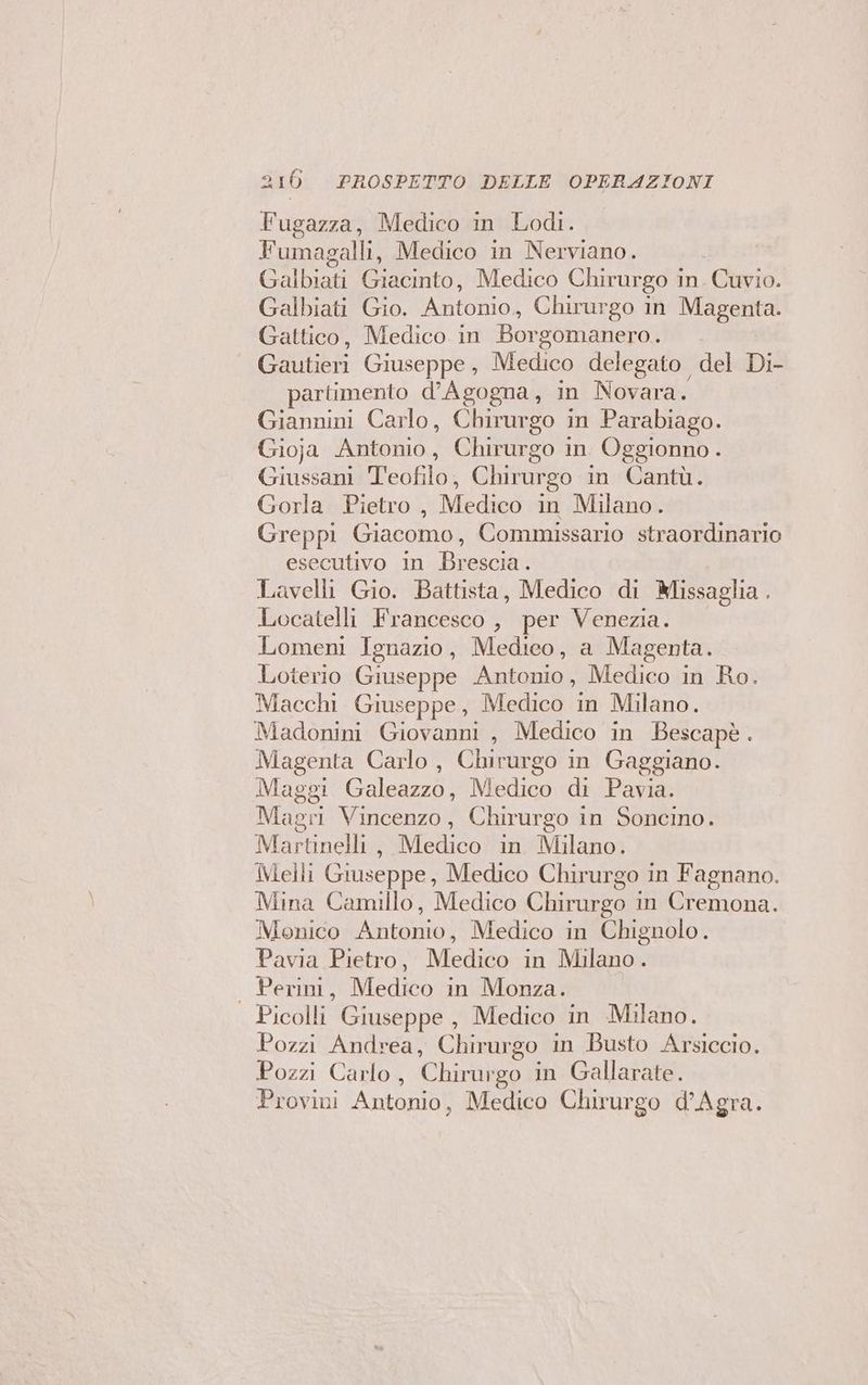Fugazza, Medico in Lodi. Fumagalli, Medico in Nerviano. Galbiati Giacinto, Medico Chirurgo in. Cuvio. Galbiati Gio. Antonio, Chirurgo in Magenta. Gattico, Medico in Borgomanero. Gautieri Giuseppe, Medico delegato del Di- partimento d'Agogna, in Novara. Giannini Carlo, Chirurgo in Parabiago. Gioja Antonio, Chirurgo in Oggionno . Giussani Teofilo, Chirurgo in Cantù. Gorla Pietro , Medico in Milano. Greppi Giacomo, Commissario straordinario esecutivo in Brescia. Lavelli Gio. Battista, Medico di Missaglia. Locatelli Francesco , per Venezia. Lomeni Ignazio, Medico, a Magenta. Loterio Giuseppe Antonio, Medico in Ro. Macchi Giuseppe, Medico in Milano. Madonini Giovanni, Medico in Bescapè. Magenta Carlo, Chirurgo in Gaggiano. Maggi Galeazzo, Medico di Pavia. Magri Vincenzo, Chirurgo in Soncino. Martinelli, Medico in Milano. Melli Giuseppe, Medico Chirurgo in Fagnano. Mina Camillo, Medico Chirurgo in Cremona. Monico Antonio, Medico in Chignolo. Pavia Pietro, Medico in Milano. . Perini, Medico in Monza. Picolli Giuseppe , Medico in Milano. Pozzi Andrea, Chirurgo in Busto Arsiccio. Pozzi Carlo, Chirurgo in Gallarate. Provini Antonio, Medico Chirurgo d’Agra.