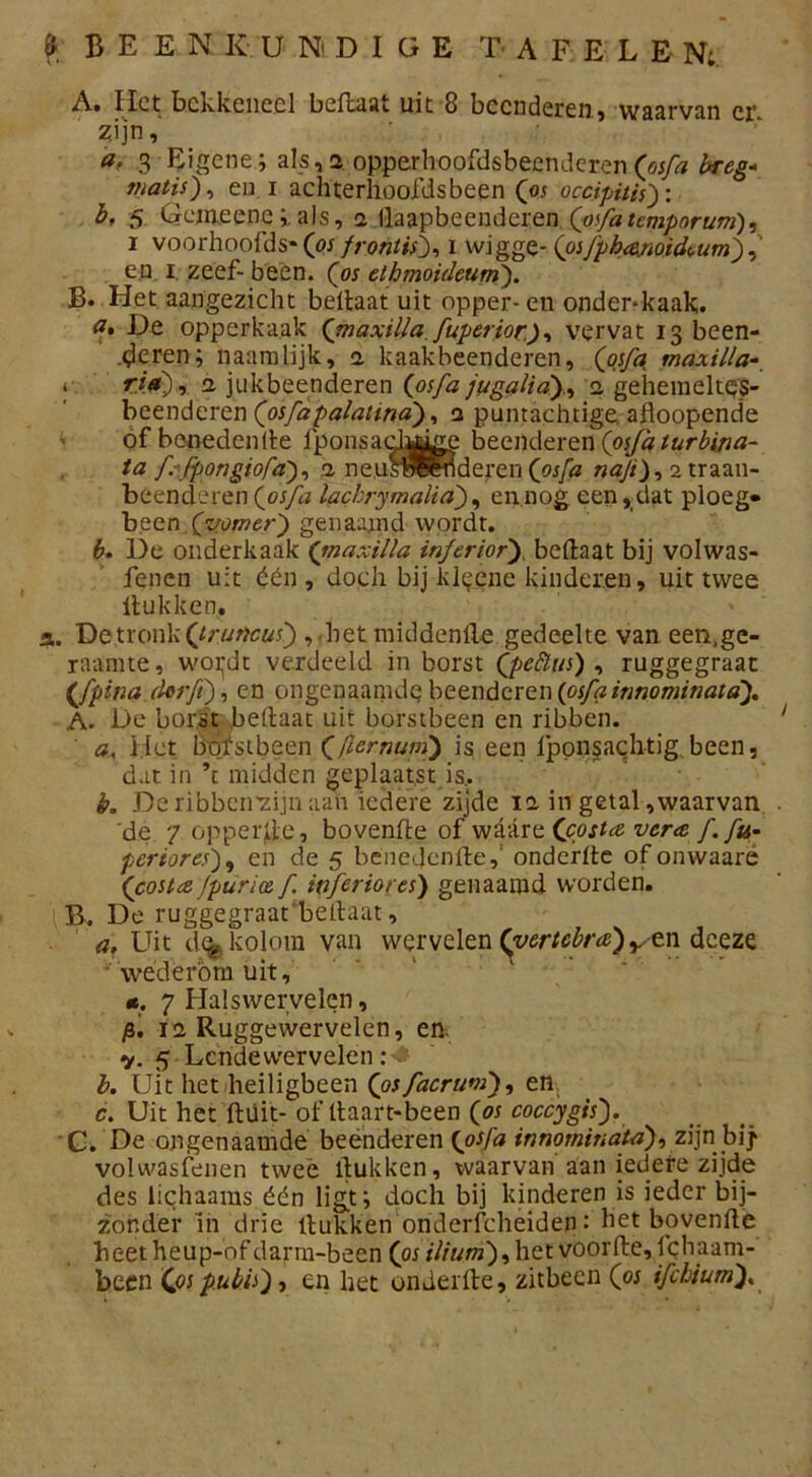 A» liet bekkeneel befcaat uit 8 beenderen, waarvan er ?ijn,' a. 3 Eigene; als, 2 opperhoofdsbeenderen (osfa breg- matis), en. i achterhoofdsbeen (os occipitis): b, 5 Gcineeneals, i llaapbeenderen (osfatemporum), i voorhoofds» (os frontis0, i wigge- (osfpka.noickum) en. i. zeef- been. (os ethmouleum'). B. Het aangezicht beHaat uit opper-en onder-kaak. <f» De opperkaak (maxilla fuperior), vervat 13 been- deren; naamlijk, 2. kaakbeenderen, (osfa, maxilla- i ria), a jukbeenderen (w/b jugalia2 gehemeltes- beenderen (osfapalatina), 2 puntachtige. afloopende of benedenlte fponsad^^e beenderen (osja turbina- ta f:\jpongiofa), 2 ïmuswKoderen (osfa naji), 2 traan- beenderen (oj/b lachrymalia), en.nog een,dat ploeg» been (vomer) genaamd wordt. b. De onderkaak (maxilla inferior). beHaat bij volwas- fenen uit één, doch bij klcjêne kinderen, uit twee Hukken. a. De tronk (truncus') , het middenlle gedeelte van een.ge- raamte, woi^dt verdeeld inborst (pcÏÏus) , ruggegraat (’Jpina derft), en ongenaanidqbeenderen{osfainnominataf A. De borst beHaat uit borstbeen en ribben. ' a. Het bofstbeen (fternum') is een fppnsachtig been, dar. in ’t midden geplaatst is.. b. Deribbenzijnaan iedere zijde 12 in getal,waarvan 'de 7 opperde, bovenhe of waare Copsta, veras f. fu- pcriores), en de 5 benedenlte,' onderlte of onwaaré (costa Jpurice f. inferior es) genaamd worden. B. De ruggegraat‘beltaat, a. Uit kolom van wervelen (vertcbra)yen dceze wederbm uit, «. 7 Halswervelen, f. 12 Ruggewervelen, en. y. 5 Lende wervelen b. Uit het heiligbeen Qisfacrum), en. c. Uit het Hüit- of Haart-been (os coccygis). G. De ongenaamde beenderen (osfa innorninata), zijn bij volwasfenen twee Hukken, waarvan aan iedere zijde des lichaams één ligt; doch bij kinderen is ieder bij- zonder in drie Hukken oriderfcheiden : het hovende heetheup-ofdarm-been (or rV/«/w),hetvoorHe, jehaam- been (ospubis), en het onderHe, zitbeen (os ifchium