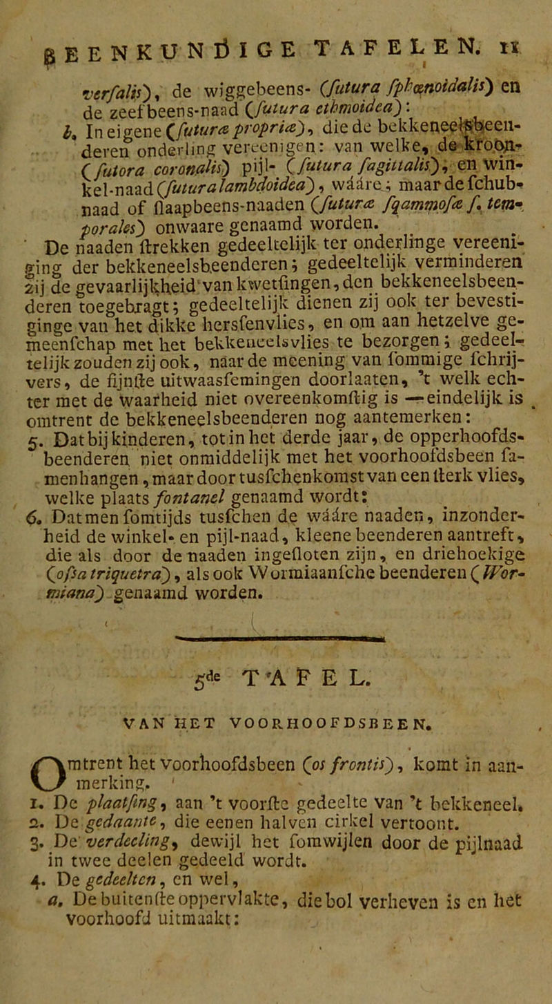 verfali,O» de wiggebeens- (futura fpkcenoidalis) en de zeet beens-naad {futura ethmoidea): lt In eigene Cfutura propria), die de bekkeneel&beeii- * deren onderling vereenigen: van welke, de krobA- (futora coronalis) pijl- (futura fagittalis), en win- kel-naad(juturalambaoidca), waare; maardefchub- naad of flaapbeens-naaden (.futura. fqammofa, ƒ. tem• poraks5 onwaare genaamd worden. De naaden (trekken gedeeltelijk ter onderlinge yereeni- ging der bekkeneelsb.eenderen; gedeeltelijk verminderen zij de gevaarlijkheid'vankwetflngen,den bekkeneelsbeen- deren toegebiagt; gedeeltelijk dienen zij ook ter bevesti- ginge van het dikke hersfen vlies , en om aan hetzelve ge- meenfchap met het bekkeneelsvlies te bezorgen ; gedeel- telijk zouden zij ook, naarde meening van fommige fchrij- vers, de fijntte uitwaasfcmingen doorlaaten, ’t welk ech- ter met de waarheid niet overeenkomftig is —eindelijk is , omtrent de bekkeneelsbeenderen nog aantemerken: 5. Dat bij kinderen, tot in het derde jaar, de opperhoofds- beenderen niet onmiddelijk met het voorhoofdsbeen fa- menhangen, maar door tusfchenkomst van een Iterk vlies, welke plaats fontanel genaamd wordt: 6. Dat men fomtijxis tusfchen de wadre naaden, inzonder- heid de winkel* en pijl-naad, kleene beenderen aantreft, die als door de naaden ingefloten zijn, en driehoekige Qofsa triquetra), als ook Wuimiaanfche beenderen ( Wor- miana) genaamd worden. T'AFE L. VAN HET VOORHOOFDSBEEN. Omtrent het voorhoofdsbeen ([os frontis), komt in aan- merking. ' 1. De plaatfingi aan ’t voorde gedeelte van ’t bekkeneel. 2. De gedaante, die eenen halvcn cirkel vertoont. 3. De’ verdccling, dewijl het forawijlen door de pijlnaad in twee deelen gedeeld wordt. 4. De gedeelten, en wel, a. De buiten (te oppervlakte, die bol verheven is en het voorhoofd uitmaakt: