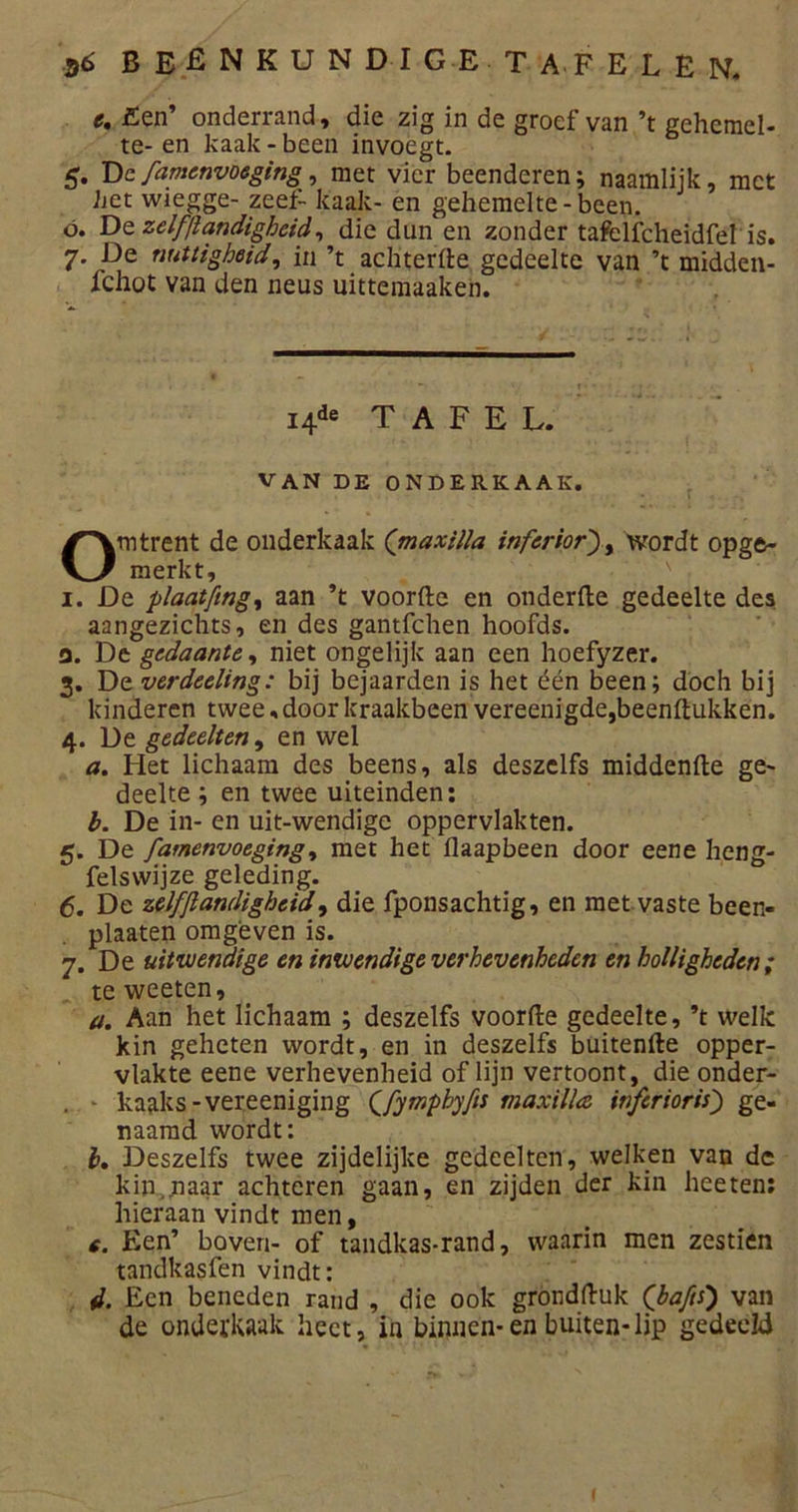 c. Een’ onderrand, die zig in de groef van ’t gehemel- te- en kaak - been invoegt. 5. De famenvoeging, met vier beenderen; naamlijk, met het wiegge- zeef- kaak- en gehemelte-been. ó. De zelf/landigbcid, die dun en zonder tafelfcheidfel is. 7. De nuttigheid, in ’t achterde gedeelte van ’t midden- fchot van den neus uittemaaken. i4de TAFEL. van de onderkaak. Omtrent de onderkaak (maxilla inferior'), wordt opge- merkt, 1. De placitfmgi aan ’t voorde en onderde gedeelte des aangezichts, en des gantfchen hoofds. a. De gedaante, niet ongelijk aan een hoefyzer. 3. De verdeeling: bij bejaarden is het één been; doch bij kinderen twee, door kraakbeen vereenigde,beendukken. 4. De gedeelten, en wel a. Het lichaam des beens, als deszelfs middende ge- deelte ; en twee uiteinden: b. De in- en uit-wendige oppervlakten. 5. De famenvoeging^ met het daapbeen door eene heng- felswijze geleding. 6. De zelfjlandigheid, die fponsachtig, en met vaste been- plaaten omgéven is. 7. De uitwendige en inwendige verhevenheden en holligheden; te weeten, a. Aan het lichaam ; deszelfs voorde gedeelte, ’t welk kin geheten wordt, en in deszelfs buitende opper- vlakte eene verhevenheid of lijn vertoont, die onder- . - kaaks -vereeniging Qfymphyfts maxilla inferioris') ge- naamd wordt: h. Deszelfs twee zijdelijke gedeelten, welken van dc kin,naar achteren gaan, en zijden der kin heeten: hieraan vindt men, c. Een’ boven- of tandkas-rand, waarin men zestien tandkasfen vindt: d. Een beneden rand , die ook grondduk (Jbafis) van de onderkaak heet, in binnen-en buiten-lip gedeeld