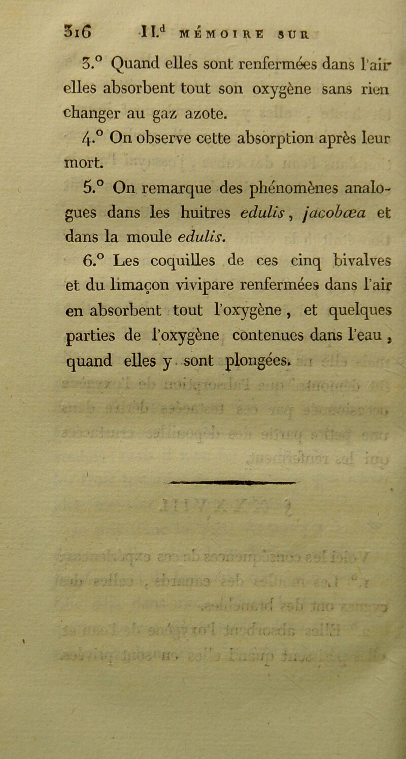 3.° Quand elles sont renfermées dans l’air elles absorbent tout son oxygène sans rien changer au gaz azote. 4-° On observe cette absorption après leur mort. 5. ° On remarque des phénomènes analo- gues dans les huitres edulis, jacobœa et dans la moule edulis. 6. ° Les coquilles de ces cinq bivalves et du limaçon vivipare renfermées dans l’air en absorbent tout l’oxygène , et quelques parties de l’oxygène contenues dans l’eau , quand elles y sont plongées. )