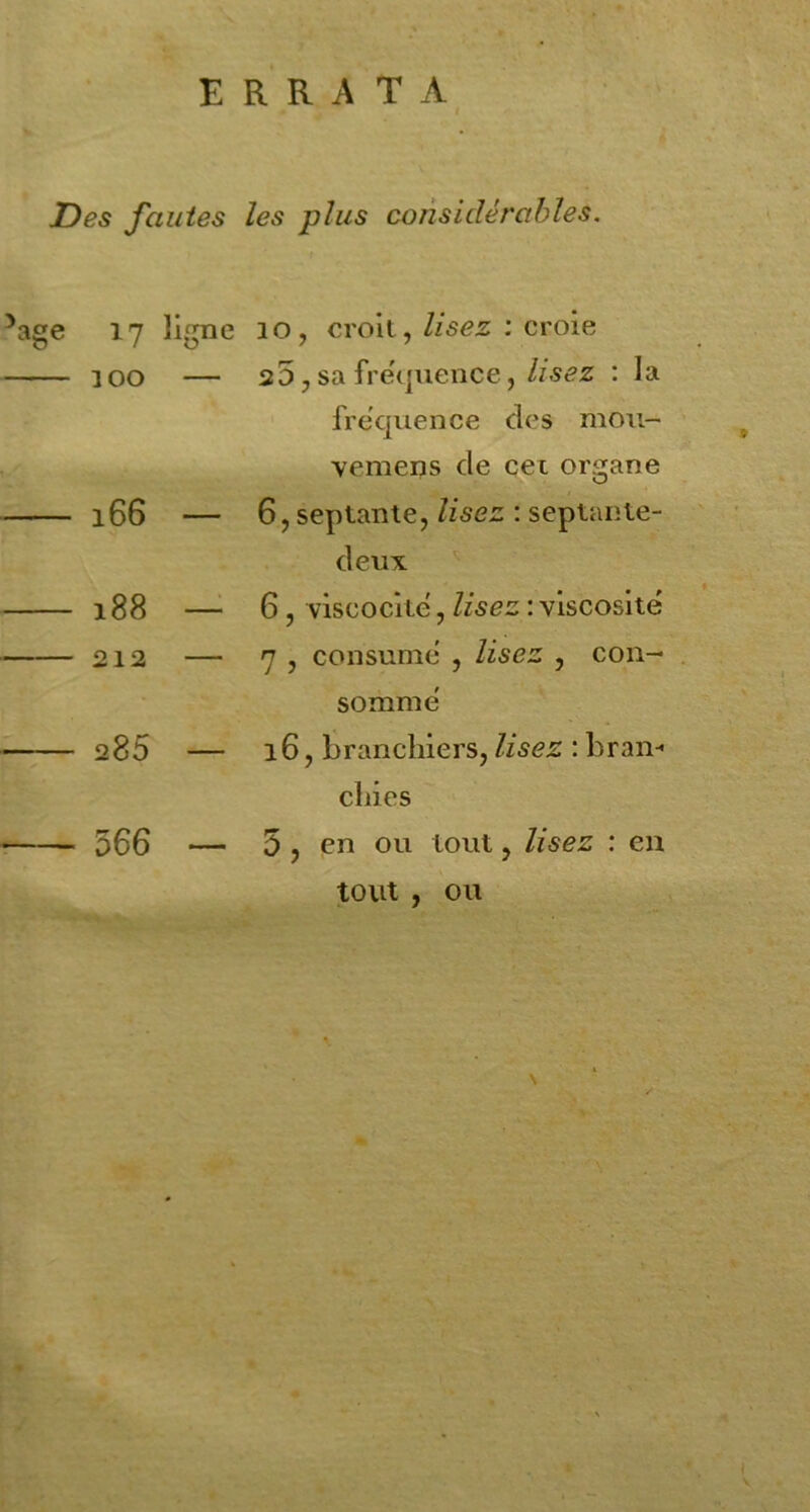 ERRATA Des fautes les plus considérables. âge 17 ligne 10 , croit, lisez : croie 100 25, sa fréquence, lisez : la fréquence des môu- vemens de cet organe 166 — 6,septante, lisez : septante- deux 188 — 6, viscocité, lisez -.viscosité 212 — 7 , consumé , lisez , con- sommé 285 — 16, branchiers, lisez : bran-* cliies 566 — 5 , en ou tout, lisez : en tout , ou *