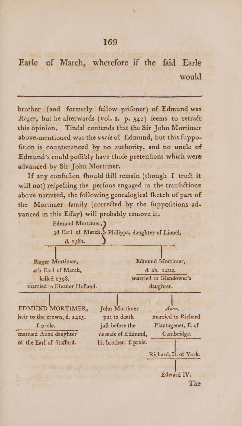 Earle of March, wherefore if the faid Farle would brother (and formerly fellow prifoner) of Edmund was Roger, but he afterwards (vol. 1. p. 542) feems to retract this opinion. Tindal contends that the Sir John Mortimer above-mentioned was the uncle of Edmund, but this fuppo- fition is countenanced by no authority, and no uncle of Edmund’s could poffibly have thofe pretenfions which were advanced by Sir John Mortimer, If any confufion fhould ftill remain (though I truft it will not) refpeéting the perfons engaged in the tranfactions above narrated, the following genealogical {ketch of part of the Mortimer family (correéted by the fuppofitions ad~ vanced in this Effay) will probably remove it. Edmund Mortimer, 3d Earl of March, Philippa, daughter of Lionel. d, 1382. Roger Mortimer, Edmund Mortimer, 4th Earl of March, d. ab. 1404. killed 1398, married to Glendower’s married to Eleanor Holland. 4 daughter. EDMUND MORTIMER, John Mortimer Ana, heir to the crown, d. 1425. put to death married to Richard f. prole. jult before the Plantagenet, E. of “married Anne daughter deceafe of Edmund, Cambridge. of the Earl of Stafford. his brother, f{( prole. Richard, D. of York. Edward IV. The