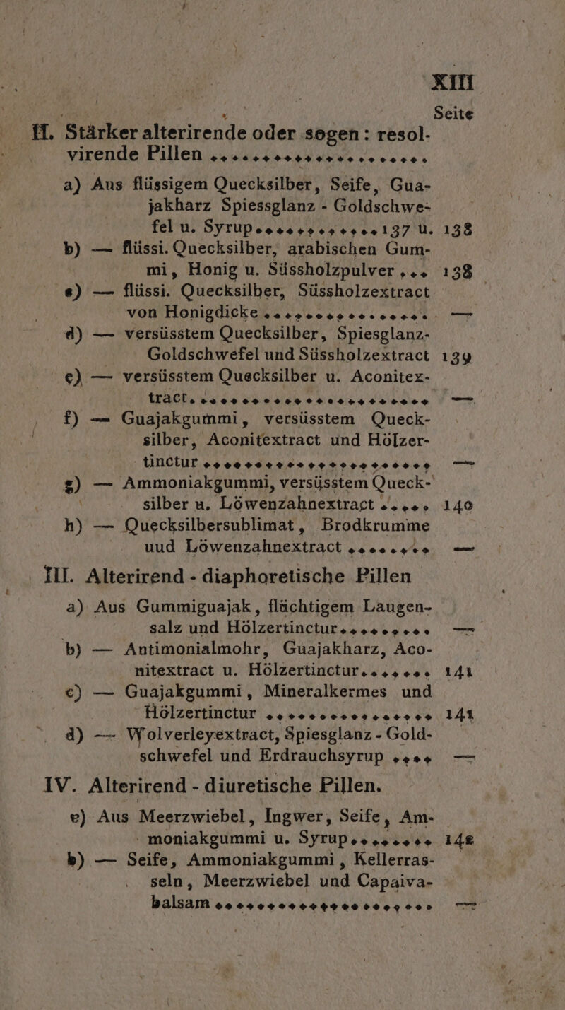 XI GH . Seite H. Stärker alterirende oder sogen: resol- virende Pillen EEE SI EZI TI a) Aus flüssigem Quecksilber, Seife, Gua- jakharz Spiessglanz - Goldschwe- fel u. Syrupeossssose+0+137 U. 138 b) — flüssi. Quecksilber, arabischen Gum- mi, Honig u. Süssholzpulver „.. 138 e) — flüssi. Quecksilber, Süssholzextract | von Honigdicke sur 9oo 44 000010 +... 717 d) — versüsstem Quecksilber, Spiesglanz- Goldschwefel und Süssholzextract 139 e) — versüsstem Quecksilber u. Aconitex- trali, 2302040404 24024440 2004 f) — Guajakgummi, versüsstem Queck- silber, Aconitextract und Hölzer- -ÜNCEUr os 00 +0. r 0» sr ro 00004 7 5) — Ammoniakgummi, versüsstem Queck- . ‚silber u. Löwenzahnextragt 2... 140 h) — Quecksilbersublimat, Brodkrumme uud Löwenzahnextract gas, — ‚ II. Alterirend - diaphoretische Pillen a) Aus Gummiguajak,, flüchtigem Laugen- salz und Hölzertincturesesee.s. — b) — Antimonialmohr, Guajakharz, Aco- Ä nitextract u. Hölzertinctur.. 00. 141 €) — Guajakgummi, Mineralkermes und Hölzertinetur „usw däscr.sarss 141 d) — Wolverieyextract, Spiesglanz - Gold- schwefel und Erdrauchsyrup oa.» — IV. Alterirend - diuretische Pillen. e) Aus Meerzwiebel, Ingwer, Seife, Am- ' moniakgummi u. Syrupses.sees» 148 b) — Seife, Ammoniakgummi , Kellerras- seln, Meerzwiebel und Capaiva- balsam 0220707470 10070. here