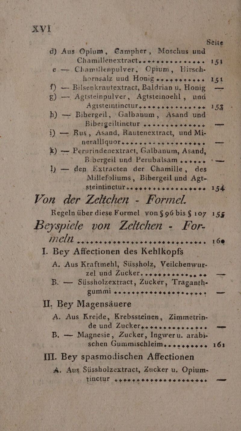 Say N) d) Aus Opium, @ampher, Moschus und Chamillenextract.sesesseee..s ++,. e — Chamillenpulver, Opium, Eirsch- hornsalz uud Honig ogos rer 220% f) — Bilsenkrautextract, Baldrian u, Honig 8) — Agtsteinpulver, Agtsteinoehl , und Agtsteintinctures “00H 000000. Bibergeiltinctur go seer 0000 00.+ 1) — Rus, Asand, Rautenextract, und Mi- neralliquore... eranas nenn Hedge k) — Perurindenextract, Galbanum, Asand,  Bibergeil und Perubalsam .2.,., l) — den Ertäcien der Chamille, des Millefoliums, Bibergeil und Agt- steintincturs« vr rr rer er 00000 Von der Zeltchen - Formel. Regeln über diese Formel von $g6bis $ ı0y DBeyspiele von Zeltchen - For- ze. I: eihl &gt;04 »4 a A A A U ZZ En DE 1. Bey Aflectionen des Kehlkopfs A. Aus Kraftmehl, Süssholz, Veilchenwaur- zel und Zucker. oo po +0,44 Dr in Süssholzextract, Zucker, , Traganth- gummi orreserseee “orrorr,° II. Bey Magensäuere A. Aus Kreide, Krebssteinen, Zimmetrin- de und Zuckergooausseoreseree B. — Magnesie, Zucker, Ingweru. arabi- schen Gummischleim, . »o...1.,+. III. Bey spasmolischen Affectionen A. Aus Süssholzextract, Zucker u. Opium- tinctur II EI IE I De er