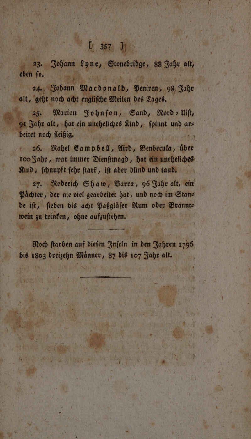 ae Johann Nadia Me 88 3 Jahr alt, ; | fo. | ae N 5 5 : 75 Geben Ma K. ona aid, ‘Denver, 95 Jahr alt, ‘sot noch acht engliche Meilen des Tages. i 1 | 25. Morion Johnſon, Sand, Nord⸗ Uift, pi Jahr alt, hat ein uneheliches Kind, ſpinnt mya ars beitet noch fleißig. | 286. Rabel eampbel, ald, Benbecu - 1200 Jahr, war immer Dienſtmagd, hat ein u I Kind, ſchnupft fehr ſtark, it aber blind und taub, » , Roderich Shaw, Barra, 96 Jahr alt, ein Paͤchter, „der nie viel gearbeitet hat, und noch im Stan⸗ | de ift, ſieben bis acht Paßglaͤſer Rum oder n | i wein zu trinken, ohne aufzuſtehen. Roch ſtarben auf dieſen Inſeln in den Jahren 1796 bis 1803 dreizehn Maͤnner, 87 bis 107 Jahr alt. =