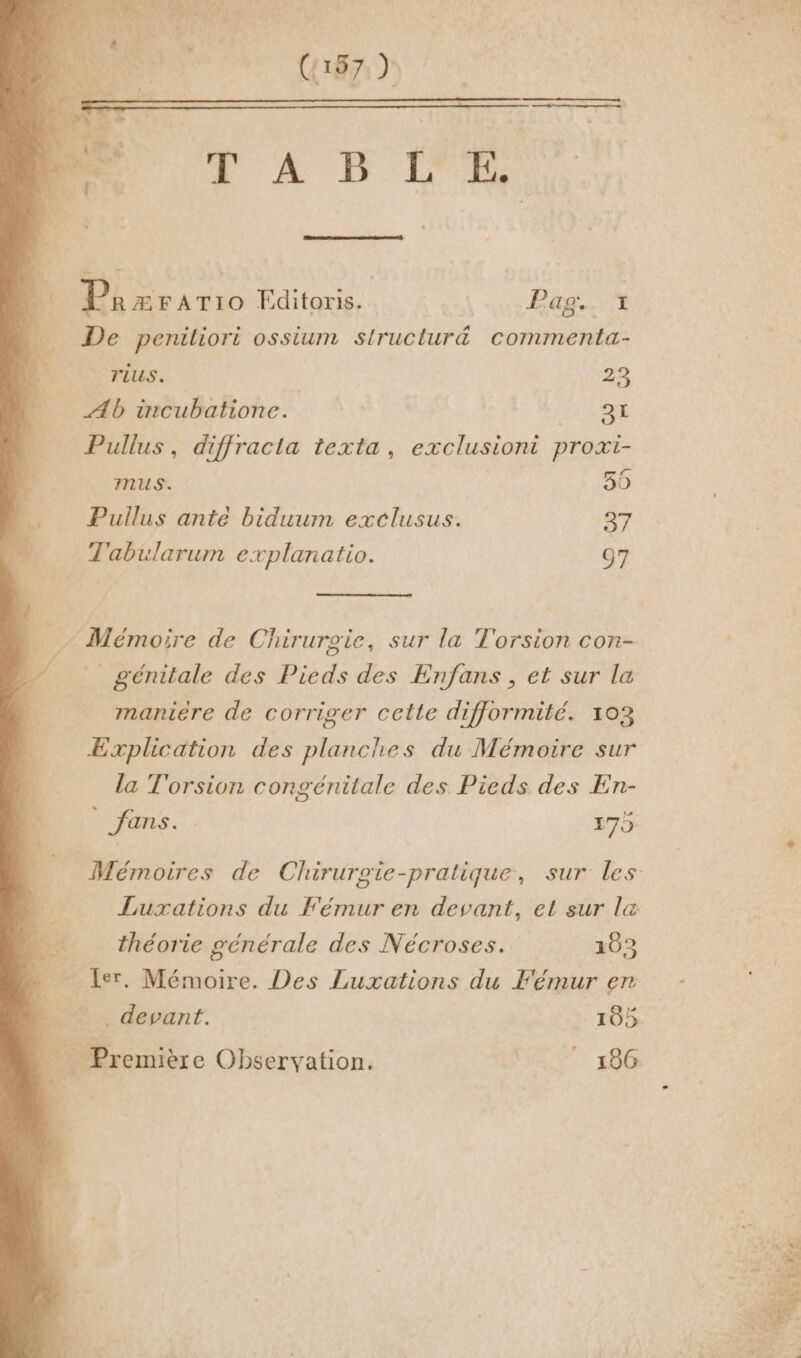 E. a IS m kt s : Nu 4m RCE DE bia ELS ie T A B IF APTE | X Pa E FATIO Editoris. Jr. nm P De peniliori ossium struclur&amp; commenta- I C mus. 23 Ab incubatione. TOC Pullus, diffracta texta , exclusioni proxi- mus. 30 Pullus anté biduum exclusus. 37 Tabularum explanatio. 97 4 — Mémoire de Chirurgie, sur la Torsion con- — — génitale des Pieds des Enfans , et sur la | maniere de corriger cette difformité. 103 Explication des planches du Mémoire sur la T'orsion congénitale des Pieds des En- | fans. 175 Mémoires de Chirurgie-pratique, sur les Luxations du Fémur en devant, el sur la + _… théorie générale des Nécroses. 103 Ier. Mémoire. Des Luxations du Fémur er - devant. 105 — Première Observation. | 196 m e - n 7%