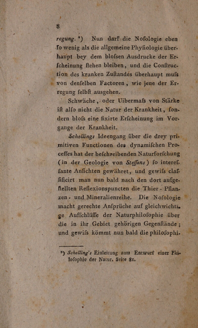 D 8 regung.*) Nun darf.die Nofologie eben fo wenig als die allgemeine Phyhiologie über- ; haupt bey dem blofsen Ausdrucke der Er + fcheinung fiehen bleiben, und die Conftruc- tion des kranken Zuftandes überhaupt muß “ von denfelben Factoren, wie jeye der Er-. f regung felbft ausgehen. Schwäche ,„. oder Uibermaßs von n.Stärkel ift alfo nicht die Natur der Krankheit, fon- dern blofs eine fixirte Erfcheinung im Vor- gange der Krankheit. | Schellings Ideengang über die drey pre | mitiven Functionen. des dynamifchen Pro- celles hat der befchreibenden Naturforfchung (in der Geologie von Steffens) fo inter. fante Anfichten gewähret, und gewils clak ‚fificirt man nun bald nach den dort aufge. fiellten Reflexionspuncten die Thier - Pflan- zen. und,Mineralienreihe. Die Nofologie , macht gerechte Anfprüche auf gleichwichti. | ge Auffchlüffe der ‚Naturphilofophie ‚über die in ihr Gebiet. gehörigen Gegenflände; -- und gewils kömmt nun bald fie philofophi. v, Schelling’s Rinleitung‘ zum Entwurf einer r Blie 5 lofophie der Natur. Seite 81. #