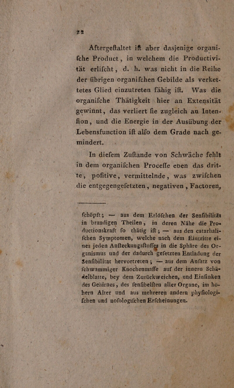 22; Aftergeftaltet ift aber dasjenige organi- fche Product, in welchem die Productivi- tät erlifcht, d. h. was nicht in die Reihe der übrigen organifchen Gebilde als verket- tetes Glied einzutreten fähig if. Was die gewinnt, das verliert fie zugleich an Inten- mindert. In diefem Zuftande von Schwäche fehlt te, pofitive, vermittelnde, was zwilchen ‚die entgegengeletzten, negativen , Factoren, ve: eü in brandigen Theilen, in deren Nähe die Pros fchen Symptomen, welche nach dem Eiutritte ei- ‚nes jeden Anlteckungsftoffes in die Sphäre des Or- ganismus und der dadurch gefetzten Entladung der Senfibilitat hervortreten,; — aus dem Anfatz von fchwammiger Knochenmaffe auf der innern Schä- 'delblatte, bey dem Zurückweichen, und Einfinken des Gehirnes, des fenfibelften aller Organe, im hö- fchen und nofologifchen Erfcheinungen.