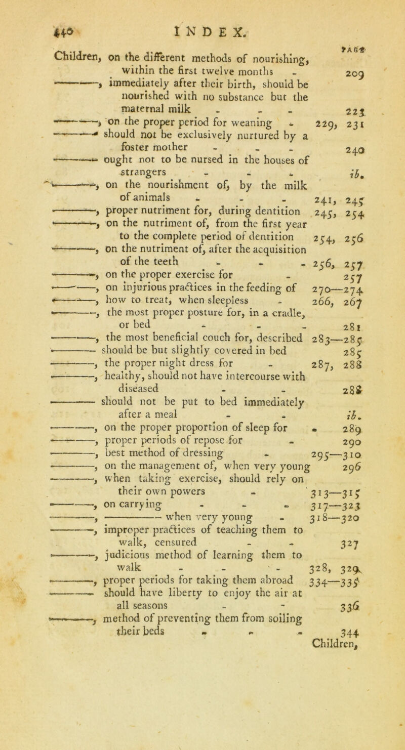Children, on the different methods of nourishing, within the first twelve months , immediately after their birth, should be nourished with no substance but the maternal milk - _ tAQ't 209 22% 231 24O ib. 241, 24$ “, on the proper period for weaning - 229, •* should not be exclusively nurtured by a foster mother - _ *- ought not to be nursed in the houses of strangers *. -, on the nourishment of, by the milk of animals - ~, proper nutriment for, during dentition 245, 254 -, on the nutriment of, from the first year to the complete period of dentition -, on the nutriment of, after the acquisition of the teeth _ -, on the proper exercise for on injurious practices in the feeding of -, how to treat, when sleepless -, the most proper posture for, in a cradle, or bed * _ 254> 256, 256 257 257 270—274 266, 267 281 -, the most beneficial couch for, described 283—283; 285 28S 28? ib. 289 290 295—3'o 29 6 should be but slightly covered in bed the proper night dress for - 287, healthy, should not have intercourse with diseased should not be put to bed immediately after a meal on the proper proportion of sleep for • proper periods of repose for best method of dressing on the management of, when very young when taking exercise, should rely on their own powers - 313—313 on carrying - - - 317—323 when very young - 318—320 improper practices of teaching them to walk, censured judicious method of learning them to walk proper periods for taking them abroad should have liberty to enjoy the air at all seasons method of preventing them from soiling their beds . 328, 334~ 327 329^ -33^ 336 344 Children,