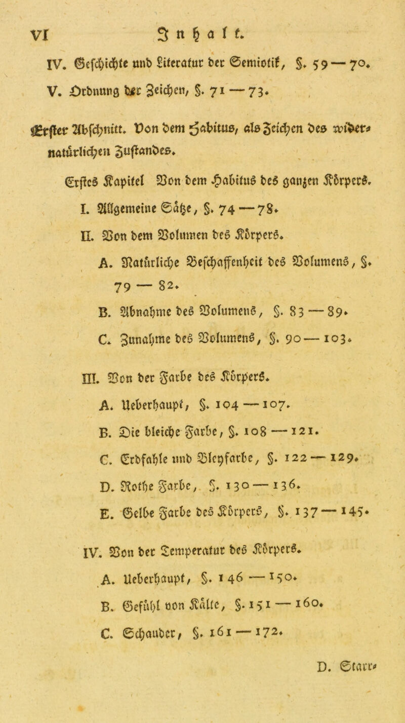 IV. 6efcC)id()fe unb Sitccafuc bcc 0emiofi!, §. 59 — 70* V. £)rbn«n0 t^c §.71 — 73* lEirjletr 2(bfd;mtt. Don bem j^Abitue/ (dB'^tid)cn beö naturl!d;eu ^uflönbeß. €rilc$ 5?apUc( 23on bem bc5 sanken ^5rpec^. \ L 2l({0emcinc 0a^e, §» 74 —78* n. 2>on bcm 23oUmtcn bc§ ^6rpcr^. A. SRaturIid;c ^efcbaffcn^cit bcö 23otoen6, §♦ 1 79 — 82* B. Slbnaljmc be6 23oIumcnö, §. 83 — 89* C. 3unal)mc beö 23c-Umienö, §.90—103* m. 55on bec gatbe bc6 ^lur^5er5. A. Ueber^aupO §. 1Q4 —107* B. £)ic bicicbe garbc ,§.108 — 121. C. (Zcbfabt^ 33Ic9fai:bc, §. 122—^129» D. SXotbe g^»J^be,. 5,130—136. N E. 0clbc gacbc bcy ^orpccf', §♦. i37—^45* \ IV. Son bec ^cmperafuc bcö ^lerpcrö. A. Ueberbflupt/ §. 146 —^5o* B. ©efiW tion faüc, §.151—-160. t C. 0cbaubcc/ §. 161 — 172* D.