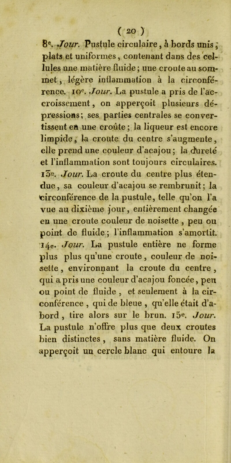 8e. Jour. Pustule circulaire, h bords unis ; plats et uniformes, contenant dans des cel- lules une matière fluide ; une croûte au som- met, légère inflammation à la circonfé- rence. ioc. Jour. La pustule a pris de l’ac- croissement , on apperçoit plusieurs dé- pressions; ses parties centrales se conver- tissent eh une croûte ; la liqueur est encore limpide, la croûte du centre s’augmente, elle prend une couleur d’acajou; la (dureté et l’inflammation sont toujours circulaires. i5e. Jour. La croûte du centre plus éten- due, sa couleur d’acajou se rembrunit; la 'circonférence de la pustule, telle qu’on l’a vue au dixième jour, entièrement changée en une croûte couleur de noisette , peu ou point de fluide ; l’inflammation s’amortit. :14e. Jour. La pustule entière ne forme plus plus qu’une croûte, couleur de noi- sette , environnant la croûte du centre , qui a pris une couleur d’acajou foncée, peu ou point de fluide , et seulement à la cir- conférence , qui de bleue , qu’elle était d’a- bord , tire alors sur le brun. i5e. Jour. La pustule n’offre plus que deux croûtes bien distinctes , sans matière fluide. On apperçoit un cercle blanc qui entoure la