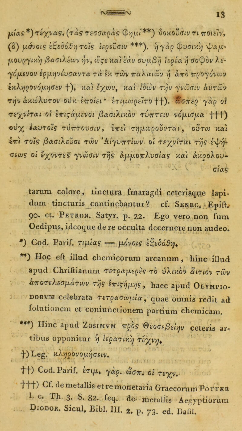 pias*)rs%va9> (ra$ rsoGapas (pvjjuu **) tionovGiv n iroisJv, (o) jj.&vois s^sdoS-v) roig 'tspsvGiV ***). q ydp (pvGiHij \f/a/u:- youpyiy.)) fiaciXaiuv >)v, tu^s na) cvfxfix) ispsa ij ao(p6v Xs- yojxsvov spyyvtvGavra ra sk twv raXaicuv >j aro irgoyovvuv itiXY)pQv6fj.y)G£v f), xai tyyiVy nal ISojv t^v 'yvtugiv avrdiv Tyjv ochujXvtov oux knoiei* Irtjjuvpslro ff). tvGTrsp ydp oi myvfaai oi znigajMVOi fiaoiXry.ov rurTav vojMGya fft) cv% iavrols rvirrovGiv, kns) ryjJ.cupouvrai, ourto xai Iri rols fiaGiXsvGi twv ‘Aiywjrriujv oi ‘tsyytrai rys Giws oi syovTss yv&Giv rys djXfXOTvXvGias na) aKpoXov- A ^ g'hx$ tarum colore, tinctura fmaragdi ceterisque lapi- dum tincturis continebantur? cf. Senec. Epift,- 90. et. Petron. Satyr. p. 22. Ego vero non fum Oedipus, ideoque de re occulta decernere non audeo. ■' X • . • A V ■ » *) Cod. Parif. nylas — jj.gvoi$ k^sdoSy* **) Hoc eft illud chemicorum arcanum , hinc illud apud Chriftianum rsrpajxbpes r0 vXikov cxitiov twv faoreXgSp&rwv rvjs lr/p^s , haec apud Olympio- DonvM celebrata rsrgairwyia , quae omnis redit ad folutionem et coniunctionem partium chemicam. ***) Hinc apud Zosimvm r^os Osocrs/fo^v ceteris ar- tibus opponitur v) isganxy +) Leg. H.Xypovofj.yGsiv. r 1* r- * * * V*'*■» ® r • M * *• •i• - ' * ’ * • tt) Cod. Parif. etijj,^ ycxp, to(Tr. oi Tsyvt. +tt) Cf. de metallis etremonetaria Graecorum Pottjeu h c. Th, 3* S. 82. feq. de- metallis Aegyptiorum Diodor. Sicul, Bibi. III. 2. p. 73. ed. Bafil.