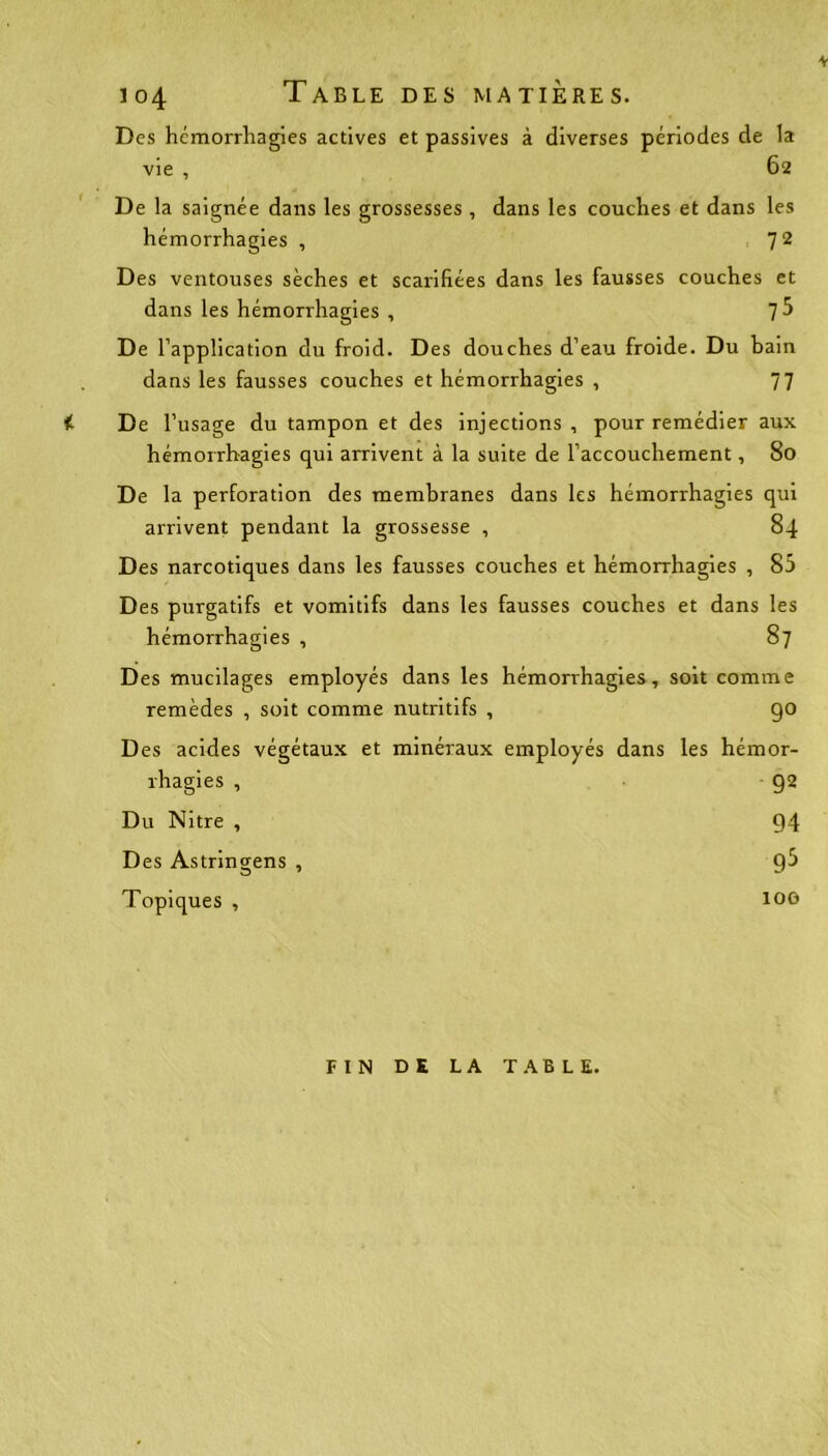 * io4 Table des matières. Des hémorrhagies actives et passives à diverses périodes de la vie , 62 De la saignée dans les grossesses , dans les couches et dans les hémorrhagies , 7 2 Des ventouses sèches et scarifiées dans les fausses couches et dans les hémorrhagies , 7^ De l’application du froid. Des douches d’eau froide. Du bain dans les fausses couches et hémorrhagies , 77 De l’usage du tampon et des injections , pour remédier aux hémorrhagies qui arrivent à la suite de l’accouchement, 80 De la perforation des membranes dans les hémorrhagies qui arrivent pendant la grossesse , 84 Des narcotiques dans les fausses couches et hémorrhagies , 85 Des purgatifs et vomitifs dans les fausses couches et dans les hémorrhagies , 87 Des mucilages employés dans les hémorrhagies, soit comme remèdes , soit comme nutritifs , go Des acides végétaux et minéraux employés dans les hémor- rhagies , 92 Du Nitre , 94 Des Astringens , g5 Topiques , 100 FIN DE LA TABLE.