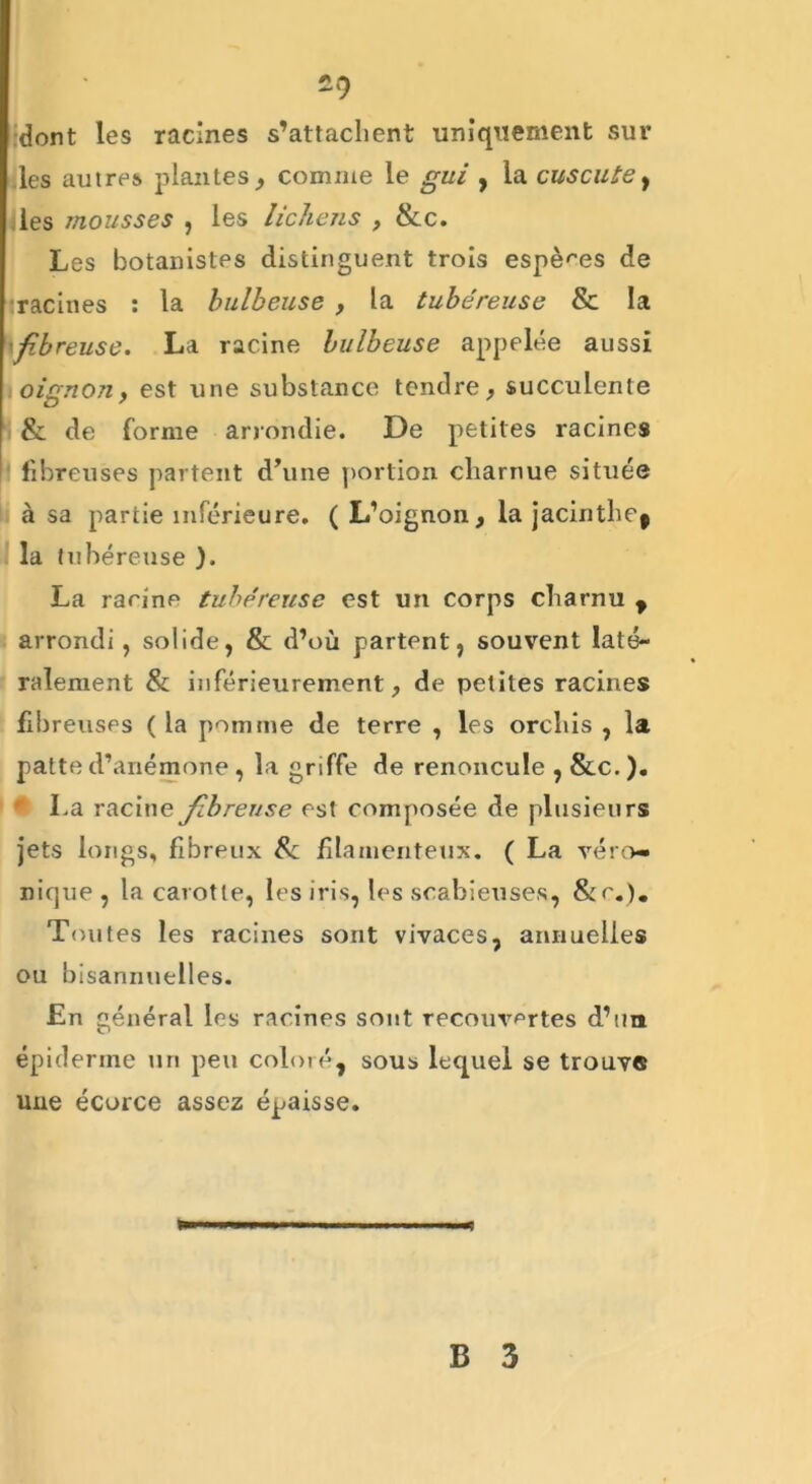 *9 dont les racines s’attachent uniquement sur les autres plantes , comme le gui , la cuscute , les mousses , les lichens , &c. Les botanistes distinguent trois espèces de ■racines : la bulbeuse , la tubéreuse & la 'fibreuse. La racine bulbeuse appelée aussi oignon, est une substance tendre, succulente & de forme arrondie. De petites racines fibreuses partent d’une portion charnue située à sa partie inférieure. ( L’oignon, la jacinthe^ la tubéreuse ). La raeine tubéreuse est un corps charnu , arrondi, solide, & d’où partent, souvent laté- ralement & inférieurement, de petites racines fibreuses ( la pomme de terre , les orchis , la patte d’anémone , la griffe de renoncule , &c. ). ' La racine fibreuse est composée de plusieurs jets longs, fibreux 8c filamenteux. ( La véro- nique , la carotte, les iris, les scabieuses, &r.)# Toutes les racines sont vivaces, annuelles ou bisannuelles. En général les racines sont recouvertes d’un épiderme un peu coloié, sous lequel se trouva une écorce assez épaisse.