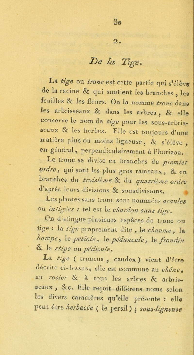 3© De la Tige» La tige ou tronc est cotte partie qui s’élève de la lacine & qui soutient les branches , les feuilles & les fleurs. On la nomme tronc dans les arbrisseaux & dans les arbres , & elle conserve le nom de tige pour les sous-arbris- seaux & les herbes. Elle est toujours d’une matière plus ou moins ligneuse, & s’élève , en général, perpendiculairement à l’horizon. Le tronc se divise en branches du premier ordre, qui sont les plus gros rameaux, & en branches du troisième & du quatrième ordre d apres leurs divisions & sousdivisions. % Les plantes sans tronc sont nommées acaules ou intigees : tel est le chardon sans tige» On distingue plusieurs espèces de tronc ou lige : la t/ge proprement dite , le chaume, la hampe, le pétiole, le péduncule, le frondin & le stipe ou pédicule. La tige ( truncus , caudex ) vient d’être décrite ci-lessus^ elle est commune au chêne, au rosier & a tous les arbres & arbris- seaux , &c. Elle reçoit différens noms selon les divers caractères qu’elle présente : elle peut etre herbacee ( le persil ) j sous-ligneuse