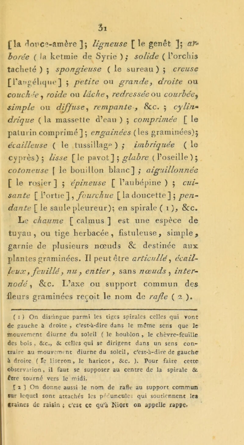 [la dovoamère ]; ligneuse [ le genêt ]; afa borée ( la ketmie Je Syrie ) ; solide ( l’orchis tacheté ) ; spongieuse ( le sureau ) ; creuse [l'angélique] ; petite ou grande, droite ou couchée, roide ou lâche, redressée ou courbée9 simple ou diffuse, rempante , &c. 5 cylin* drique ( la massette d’eau ) ; comprimée [ le palurin comprimé] ; engainées (les graminées); écailleuse ( le tussillag^ ) ; imbriquée (le cyprès) ; lisse [ le pavot] ; glabre ( l’oseille ) ; cotoneuse | le bouillon blanc] ; aiguillojinée ’ le rosier] ; épineuse [ l’aubépine ) ; cui- sante [ l’ortie ] , fourchue [ la doucette] ; pen- dante [ le saule pleureur); en spirale ( 1 ), &c. Le chaume [ calmus ] est une espèce de tuyau, ou tige herbacée, fistuleuse, simple, garnie de plusieurs nœuds & destinée aux; plantes graminées. Il peut être articullé, éca il- leux , feu il lé, nu, entier , sans nœuds , inter- nodé, &c. L’axe ou support commun des fleurs graminées reçoit le nom de rafle ( 1 ). ( 1 ) On distingue parmi les tiges spirales celles qui vont de gauche à droite , c’est-à-dire dans le même sens que le mouvement diurne du soleil ( le houblon , le chèvre-feuille des bois , &c., & celles qui se dirigent dans un sens con- traire aumouvemmt diurne du soleil, c’est-à-dire de gauche à droite ( te liseron, le haricot, &c. ). Pour faire cette observation, il faut se supposer au centre de la spirale Se. être tourné vers le midi. [ 2 ] On donne aussi le nom de rafle au support commun sur lequel sont attachés les péruncules qui soutiennent le* traînes de raisin ; c’est ce qu’à Niort on appelle rappe.