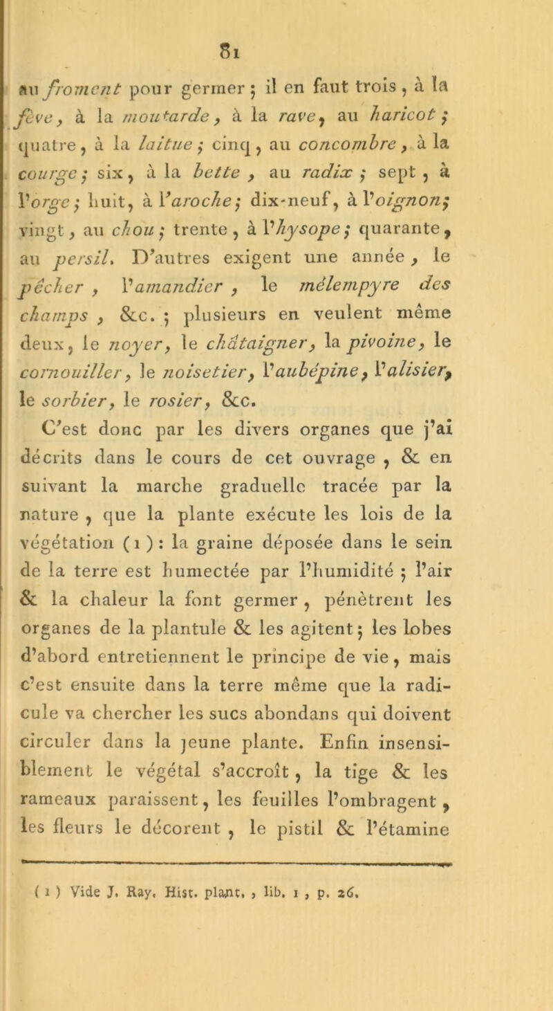 Si au froment pour germer 5 il en faut trois, a la fève, à la moutarde, à la rave, au haricot ,* quatre, à la laitue ; cinq, au concombre, à la courge; six, à la bette , au radia: ,• sept , à Vorgcÿ huit, à Varoche; dix-neuf, kVoignon; vingt, au chou $ trente, àVhysope; quarante, au persil. D’autres exigent une année, le pêcher , l’amandier , le mëlempyre des champs , &c. 5 plusieurs en veulent meme deux, le noyer, le châtaigner, la pivoine, le cornouiller, le noisetier, Vaubépine, X! alisier^ le sorbier, le rosier, 8cc. C’est donc par les divers organes que j’ai décrits dans le cours de cet ouvrage , & en suivant la marche graduelle tracée par la nature , que la plante exécute les lois de la végétation ( 1 ) : la graine déposée dans le sein de la terre est humectée par l’humidité 5 l’air &: la chaleur la font germer , pénètrent les organes de la plantule & les agitent 5 les lobes d’abord entretiennent le principe de vie, mais c’est ensuite dans la terre même que la radi- cule va chercher les sucs abondans qui doivent circuler dans la jeune plante. Enfin insensi- blement le végétal s’accroît, la tige & les rameaux paraissent, les feuilles l’ombragent, les fleurs le décorent , le pistil 8c l’étamine