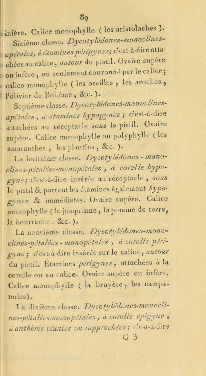 m fère. Calice monophylle ( les aristoloches ). Sixième classe. Dycotylédones-monoclines- apétales, à étaminespéri'gynes; c’est-à-dire atta- chées au calice, autour du pistil. Ovaire supère ou infère , ou seulement couronné par le calice 5 calice monophylle ( les oseilles , les aroches , l’olivier de Bohême , &c. ). Septième classe, Dycotylédoncs-monochncs- apc talcs, d étamines hypogynes ; c’est-à-dire attachées au réceptacle sous le pistil. Ovaire supère. Calice monophylle ou polÿphylle ( les amaranthes , les plautins , &c. ). La huitième classe. Dycotylédones - mono- clines-pétalées-monopétaies , a corolle hypo- gyne: c’est-à-dire insérée au réceptacle 7 sous le pistil & portant les étamines égal ement hypo- gynes & immédiates. Ovaire supère. Calice monophylle ( la jusquiame , la pomme de terrCj la bourrache , &c. ), La neuvième classe. Dycotylédones-mono- clines-pëtalées - monopétales , d corolle péri- gyne ; c’est-à-dire insérée sur le calice ^ autour du pistil. Étamines périgynes> attachées à la corolle ou au calice. Ovaire supère ou infère. Calice monophylle ( la bruyère , les campa- nules). La dixième classe. Dycotylédones-monoch- ne s-p éta lé es-m o n ope talcs, d corolle épigyne , d anthères réunies ou rapprochées ; c esl-a-dire