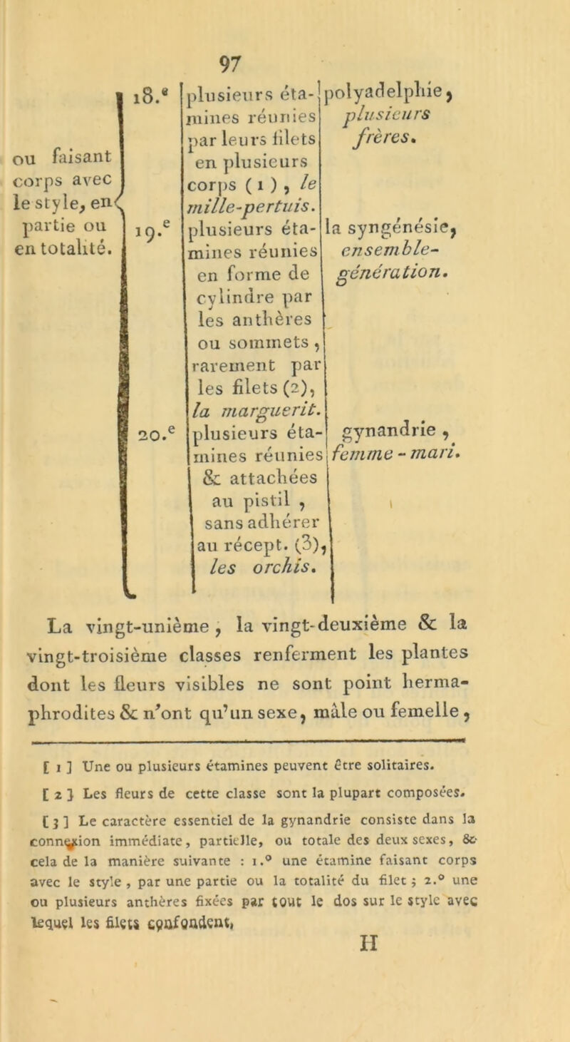 i8.‘ ou faisant corps avec le style, en< partie ou en totalité. 19. 20. plusieurs éta- polyadelplne plusieurs frères. la syngénésie, ensemble- génération. 1 mines réunies par leurs lilets en plusieurs corps ( 1 ) , le mille-pertuis. plusieurs éta- mines réunies en forme de cylindre par les anthères ou sommets, rarement par les filets (2), la marguerit. plusieurs éta- mines réunies femme - mari. & attachées au pistil , sans adhérer au récep t. (3), les orchis. gynandrie La vingt-unième , la vingt-deuxième & la vingt-troisième classes renferment les plantes dont les fleurs visibles ne sont point herma- phrodites &: n’ont qu’un sexe, mâle ou femelle , [ 1 ] Une ou plusieurs étamines peuvent être solitaires. [ 2 } Les fleurs de cette classe sont la plupart composées. [ j ] Le caractère essentiel de la gynandrie consiste dans la conntÿcion immédiate, partielle, ou totale des deux sexes, &• cela de la manière suivante : i.° une étamine faisant corps avec le style , par une partie ou la totalité du filet ; 2.0 une ou plusieurs anthères fixées par tout le dos sur le style avec lequel les filets confondent, II