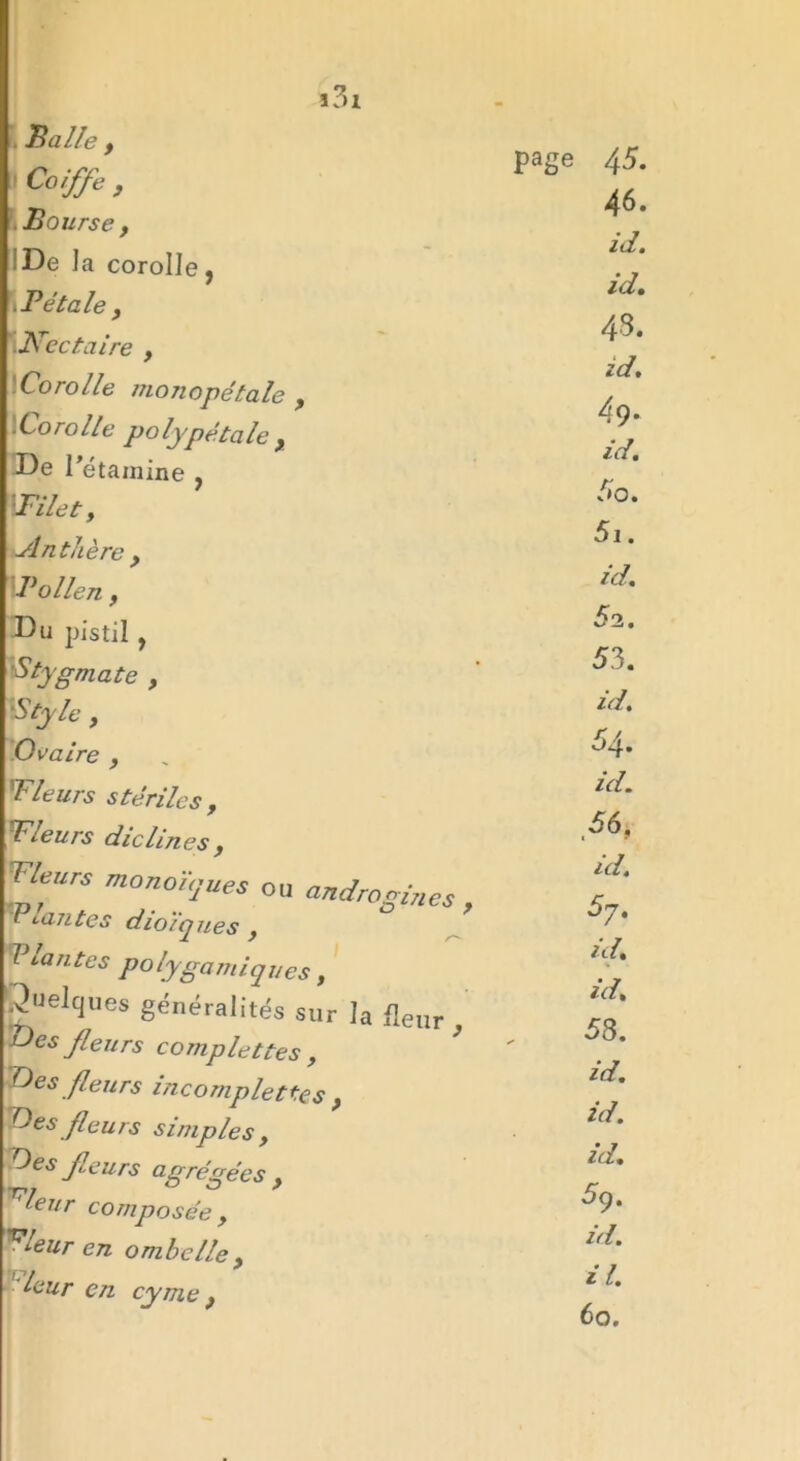 *3i 'Balle , Coiffe , Bourse , IDe la corolle, \Pétale , Nectaire , Corolle moTiopétale , Corolle polypétale , De l’étamine ? Filet, Anthère , Pollen, Du pistil , Styg mate , Style, Ovaire , ’Fleurs stériles , Fleurs die Unes, fleurs monoïques ou androgines , rtantes dioïques , Plantes polygamiques, Quelques généralités sur ]a fleur , Oes fleurs complettes , Ces fleurs incomplètes , Ces fieu rs simpies , Ces fieurs agrégées , 'leur composée, pleur en ombelle , leur en cvme. page 45. 46. id. id. 43. id. 4 9* id. 50. 51. id. 5 2. 53. id. 54. id. 56. 1 ’ id. 5y. id. id. 53. id. id. id. 5q. id. il. 60. cyme ,