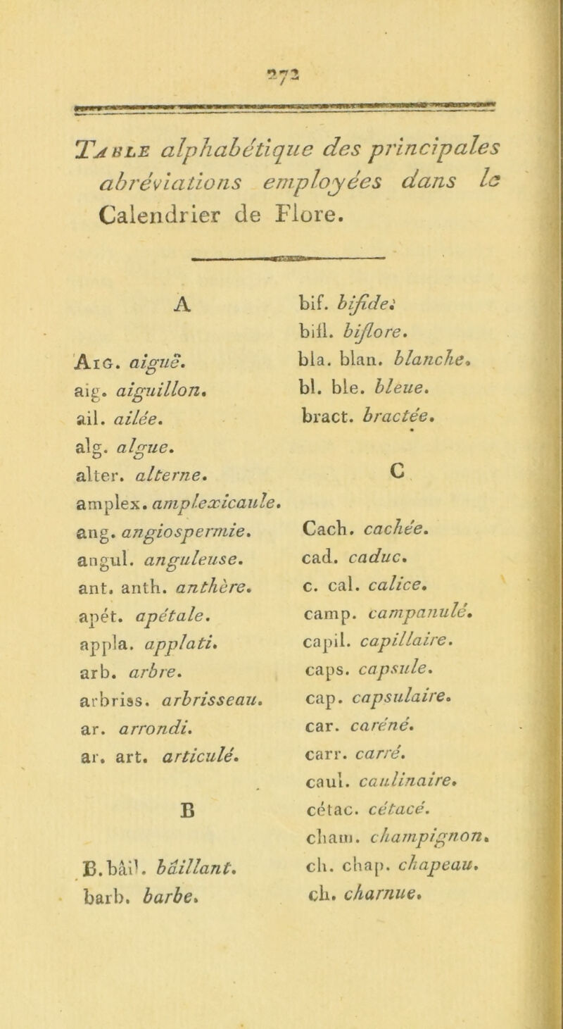 n *1*% Taule alphabétique des principales abréviations employées dans le Calendrier de Flore. A Ai G. aigue. aig. aiguillon. ail. ailée. alg. algue. alter. alterne. amplex. amplexicaule. ang. angiospermie. angui. anguleuse. ant. anth. anthère. apét. apétale. appla. applati. arb. arbre. arbriss. arbrisseau. ar. arrondi. ar. art. articulé. B B.bail, baillant. bail), barbe. bif. bifide.' biil. bijlore. bla. blan. blanche. bl. ble. bleue. bract. bractée. C Cacb. cachée. cad. caduc. c. cal. calice. camp, campanule. capil. capillaire. caps, capsule. cap. capsulaire. car. caréné. carr. carré. caul. caulinaire. cétac. cétacé. cliauj. champignon. cli. chap. chapeau. cb. charnue.