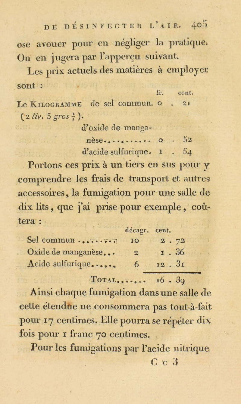 ose avouer pour en négliger la pratique. On en jugera par l’apperçu suivant. Les prix actuels des matières à employer sont : fr. cent. Le Kilogramme, de sel commun, o . 21 (2 AV. 5 gros 7 ). d’oxide de manga- nèse o . 5 2 d’acide sulfurique. 1 . Portons ces prix à un tiers en sus pour y comprendre les frais de transport et autres accessoires > la fumigation pour une salle de dix lits, que j’ai prise pour exemple, cou- lera : tlccagr. cent. Sel commun .........1 10 2 . 72 Oxide de manganèse... 2 1 . 06 Acide sulfurique » 6 12 . 3i Total.«••..• 16 . Ainsi chaque fumigation dans une salle de cette étendue ne consommera pas tout-à-fait pour 17 centimes. Elle pourra se répéter dix fois pour 1 franc 70 centimes. Pour les fumigations par l’acide nitrique G c 3
