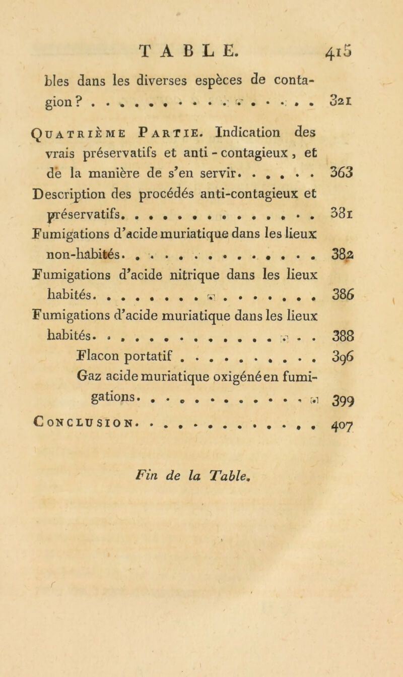 blés dans les diverses espèces de conta- gion? 321 Quatrième Partie. Indication des vrais préservatifs et anti - contagieux , et dè la manière de s’en servir. ..... Description des procédés anti-contagieux et prréservatifs. Fumigations d’acide muriatique dans les lieux non-habités. ............. Fumigations d’acide nitrique dans les lieux habités. ....... 5.1. ...... Fumigations d’acide muriatique dans les lieux habités. . , . . . . Flacon portatif Gaz acide muriatique oxigénéen fumi- gations. . Conclusion. 363 381 38a 386 388 396 399 407 Fin de la Table,