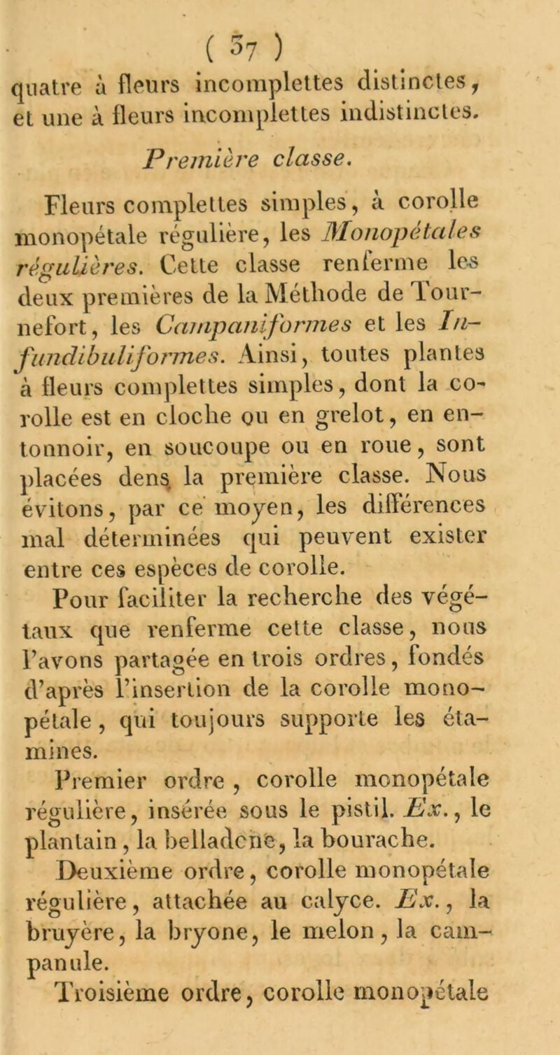 quatre à fleurs incomplettes distinctes, et une à fleurs incomplettes indistinctes. Pt *entière classe. Fleurs complet tes simples, à corolle monopétale régulière, les 31onopétales régulières. Cette classe renferme les deux premières de la Méthode de lour- nefort, les Campaniformes et les lu- fundibuliformes. Ainsi, toutes plantes à fleurs complettes simples, dont la co~ rolle est en cloche ou en grelot, en en- tonnoir, en soucoupe ou en roue, sont placées dens la première classe. Nous évitons, par ce moyen, les différences mal déterminées qui peuvent exister entre ces espèces de corolle. Pour faciliter la recherche des végé- taux que renferme cette classe, nous l’avons partagée en trois ordres, londés d’après l’insertion de la corolle mono- pétale , qui toujours supporte les éta- mines. Premier ordre , corolle monopétale régulière, insérée sous le pistil. Ex., le plantain , la belladone, la bourache. Deuxième ordre, corolle monopétale régulière, attachée au calyce. Ex., la bruyère, la bryone, le melon, la cam- panule. Troisième ordre, corolle monopétale