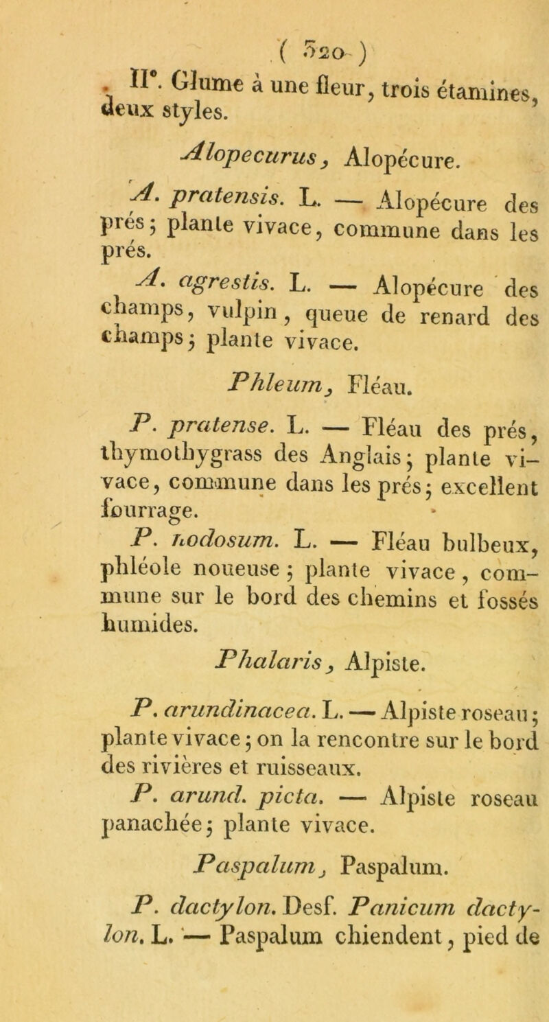 II*. Glume à une fleur, trois étamines, «eux styles. ■Alopecurus, Alopécure. -A. pratensis. L. — Alopécure des prés5 plante vivace, commune dans les prés. yl. agrestis. L. — Alopécure des champs, vulpin, queue de renard des champs 5 plante vivace. Phlewrij Fléau. P. pratense. L. — Fléau des prés, thymothygrass des Anglais j plante vi- vace, commune dans les prés j excellent fourrage. P. nodosum. L. — Fléau bulbeux, phléole noueuse ; plante vivace , com- mune sur le bord des chemins et fossés humides. Phalaris, Alpisle. P. arundincicea. L. — Alpiste roseau ; plante vivace ; on la rencontre sur le bord des rivières et ruisseaux. P. arund. pic ta. — Alpisle roseau panachée5 plante vivace. P asp aluni j Paspalum. P. dactylon. Desf. Panicum dacty- lon. L. — Paspalum chiendent, pied de