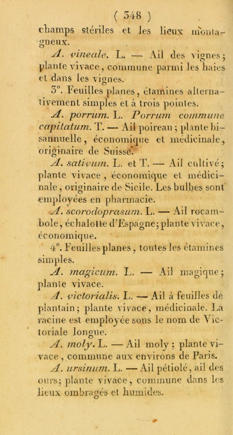 champs stériles et les lieux niontar- gileux. O A. vineale. L. — Ail des vignes: plante vivace, commune parmi les haies et dans les vignes. 5°. Feuilles pl ânes, étamines alterna- tivement simples et à trois pointes. A. porrum. L. Parrain commune capitatum. T. — Ail poireau ; plante bi- sannuelle , économique et médicinale, originaire de Suisse* yl. sativum. L. et T. — Ail cultivé; plante vivace , économique et médici- nale , originaire de Sicile. Les bulbes sont employées en pharmacie. A. scorodoprasum. L. — Ail rocam- boîe, échalotte d’Espagne;plante vivace, économique. P. Feuilles planes, toutes les étamines simples. A. magicum. L. — Ail magique; plante vivace. A. victorialis. L. — Ail à feuilles de plantain; plante vivace, médicinale. La racine est employée sous le nom de Yic- toriale longue. A. moly. L. — Ail moly : plante vi- vace , commune aux environs de Paris. A. ursinum. L. —Ail pétiolé, ail des ours; plante vivace, commune dans les lieux ombragés et humides.