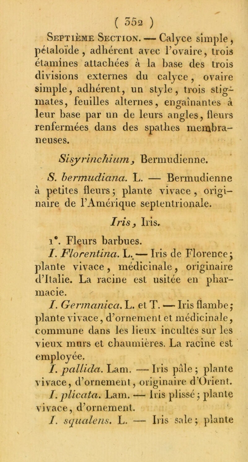 ( 55a ) Septième Section. — Calyce simple, pélaloïde , adhérent avec l’ovaire, trois étamines attachées à la base des trois divisions externes du calyce, ovaire simple, adhérent, un style, trois stig- mates, feuilles alternes, engainantes à leur base par un de leurs angles, fleurs renfermées dans des spathes membra- neuses. Sisyrinchium} Bermudienne. S. bermudiana. L. — Bermudienne à petites fleurs ; plante vivace , origi- naire de l’Amérique septentrionale. Iris y Iris. 1*. Flçurs barbues. I. Florentma. L. — Iris de Florence: • f plante vivace, médicinale, originaire d’Italie. La racine est usitée en phar- macie. I. Germanicci. L. et T. — Iris flambe; plante vivace, d’ornement et médicinale, commune dans les lieux incultes sur les vieux murs et chaumières. La racine est employée. I. pallida. Lam. — Iris pâle ; plante vivace, d’ornement, originaire d’Orient. I. plicata. Lam. — iris plissé ; plante vivace, d’ornement. I. s quale ns. L. — Iris sale ; plante