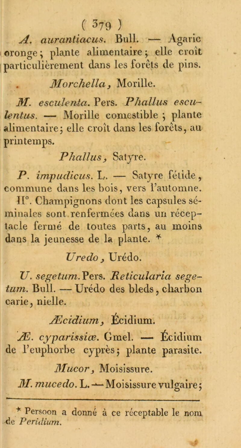 A. aurantiacus. Bull. — Agaric oronge; plante alimentaire; elle croît particulièrement dans les forets de pins. Morcliella 3 Morille. 31. esculenla. Pers. Phallus escu~ lentus. — Morille comestible ; plante alimentaire; elle croît dans les forêts, au printemps. Phallus3 Satyre. P. impudicus. L. — Satyre fétide, commune dans les bois, vers l’automne. ÏI°. Champignons dont les capsules sé- minales sont, renfermées dans un récep- tacle fermé de toutes parts, au moins dans la jeunesse de la plante. * Uredo 3 Urédo. U. segetum. Pers. JReticulai'ia sege- tum. Bull. — Urédo des bleds, charbon carie, nielle. Æcidium, Écidium. Æ. cyparissiœ. Gmel. — Écidium de l’euphorbe cyprès; plante parasite. 3Iucor, Moisissure. 31. mucedo. L.^-Moisissure vulgaire; * Persoon a donné à ce réceptable le nom de Peridium.