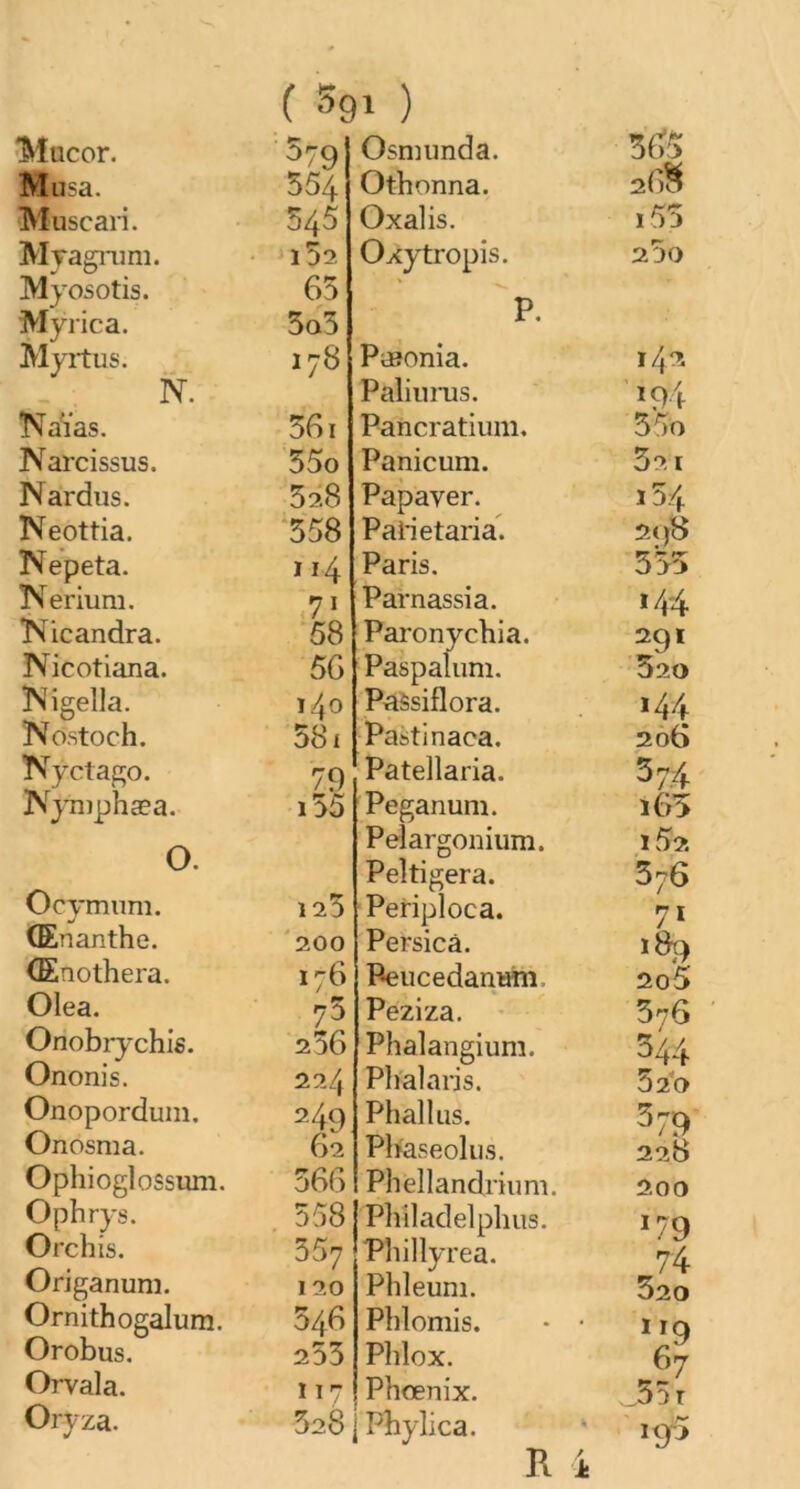 Mucor. Musa. Muscari. Mvagrum. Myosotis. Myrica. Myrtus. N. Naïas. Narcissus. M ardus. Neottia. Nepeta. Nërium. Kicandra. Nicotiana. Nigella. Nostoch. Nyctago. Nymphæa. O. Ocymum. (Enanthe. (Enothera. Olea. Onobrychis. Ononis. Onopordum. Onosma. Ophioglossimi. Ophrys. Orchis. Origanum. Ornithogalum. Orobus. Orvala. Orvza. yj ( Sgi ) Osmunda. Othonna. Oxalis. Oxytropis. °79 554 545 102 65 5o3 17B 361 35o 528 358 ïi4 71 58 56 140 581 79 155 12} 200 176 75 256 224 249 62 366 558 557 120 546 253 117 Pifionia. Paliurus. Pancratium. Panicum. Papayer. Pai'ietaria. Paris. Parnassia. Paronychia. Paspalum. Pààsiflora. Pastinaca. Patellaria. Peganum. Pélargonium. Peîtigera. Periploca. Persicâ. Feucedanum Peziza. Phalangium. Pbalaris. Phallus. Pbaseolus. Phëllandrium. Philadelphus. Phillyrea. Phleum. Phlomis. Phlox. Phœnix. 328 j Pbylica. R 365 26$ i55 200 ifa i9i 35o 3°. i i54 298 555 >44 291 520 >44 206 574 i6> 15?. 376 7> 189 2o5 576 544 520 379 228 200 >79 74 320 9 67 35 r ■r^ >9J