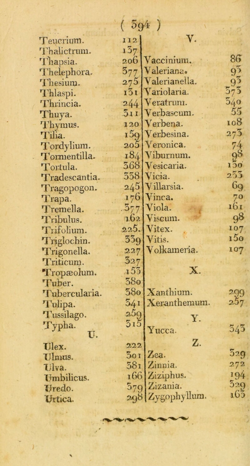 Teucritjm. Thalictrum. Thapsia. Thelephora. Thesium. Thlaspi. Thrincia. Thuya. Thymus. Tilia. Tordylium. Tomientilla. T ortula. Tradescantia. Tragopogon. Trapa. Tremella. Tribulus. Trifolium. Triglochin. Trigonella. Triticum. Tropæolum. Tuber. Tubercularia. Tulipa. Tussilago. Typha. U. TJlex. TJlmus. Tl va. TJmbilicus. ïJredo. Trtica. ( 5 94 ) I 12 1 ^7 206 377 275 i5i 244 5i 1 120 i59 2o5 184 568 558 246 176 .577 162 225 559 227 527 155 58o 580 541 260 5i5 222 5oi 581 Y. Yaccinium. 86 Yaleriana. 95 Yalerianella. JP Yariolana. 075 Yeratrum. 540 Yerbascum. 55 Yerbena. 108 Yerbesina. 273 Yeronica. 74 Yiburnum. 93 Yesicaria. 130 Yicia. 23 J Yillarsia. g9 Yinca. 7° Yiola. 161 Yiscum. 98 Vitex. 107 Yitis. i5o Yolkameria. 107 X. Xanthium. 299 Xeranthemum. 2.57 Y. Yucca. 543 Z. Zea. 529 Zinnia. 272 Ziziphus. *94 Zizania. 529 Zygophyllum. i65