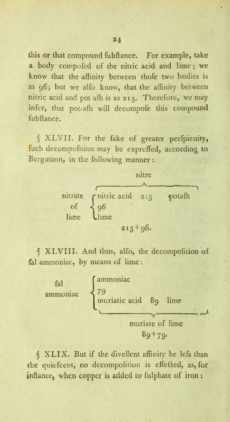 this or that compound fubftance. For example, take a body compofed oF the nitric acid and lime; we know that the affinity between thofe two bodies is as 96; but we alfo know, that the affinity between nitric acid and pot affi is as 215. Therefore, we may infer, that pot-affi will decompofe this compound fubftance. 5 XLVII. For the fake of greater perfpicuity, fuch decompofition may be expreffed, according to Bergmann, in the following manner: nitre nitrate r nitric acid 215 potaffi of J 96 lime Ulime 215 + 96. 5 XLVIII. And thus, alfo, the decompofition of fal ammoniac, by means of lime: ammoniac <79 muriatic acid 89 lime muriate of lime 89+79. § XLIX. But if the divellent affinity be lefs than the qiiiefcent, no decompofition is effected, as, for inftanccj when copper is added to fulphate of iron: fal ammoniac